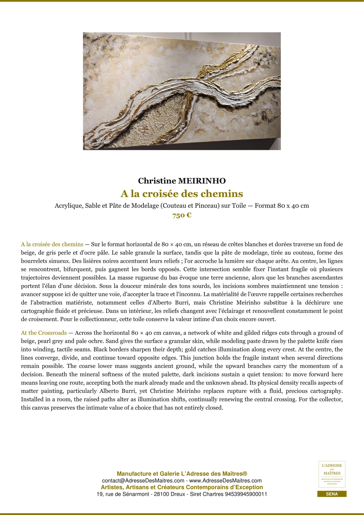 Fiche Premium — A la croisée des chemins — Christine MEIRINHO — L'Adresse des Maîtres®