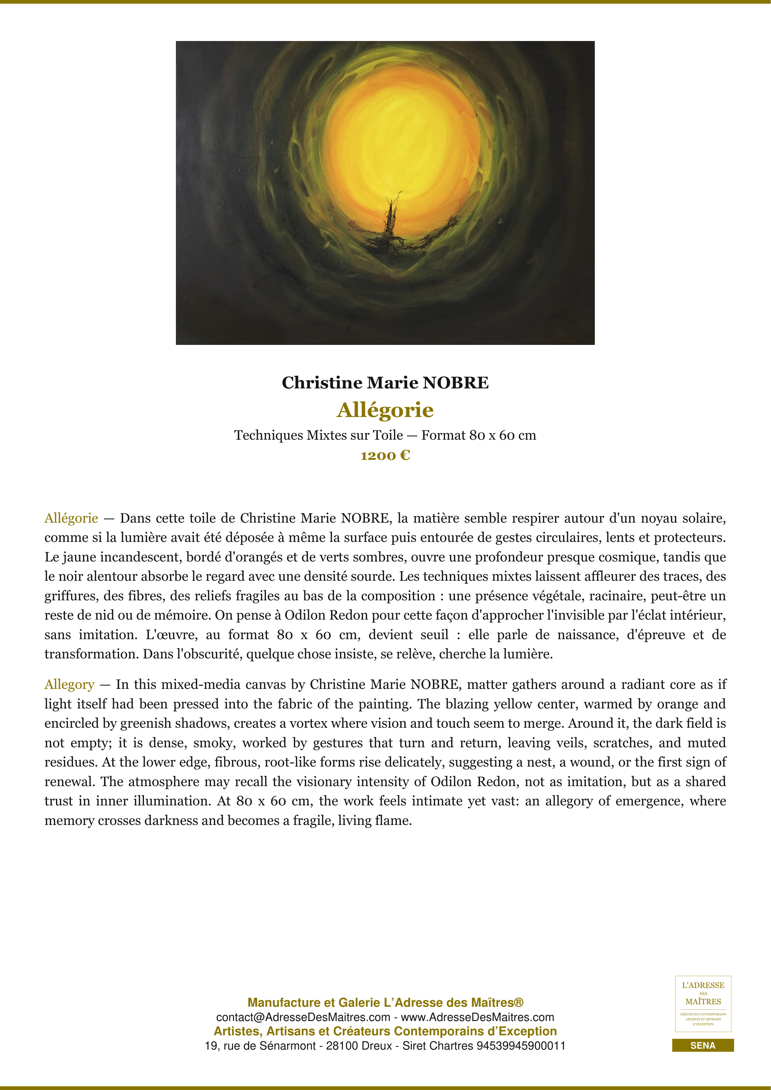 Fiche Premium — Allégorie — Christine Marie NOBRE — L'Adresse des Maîtres®