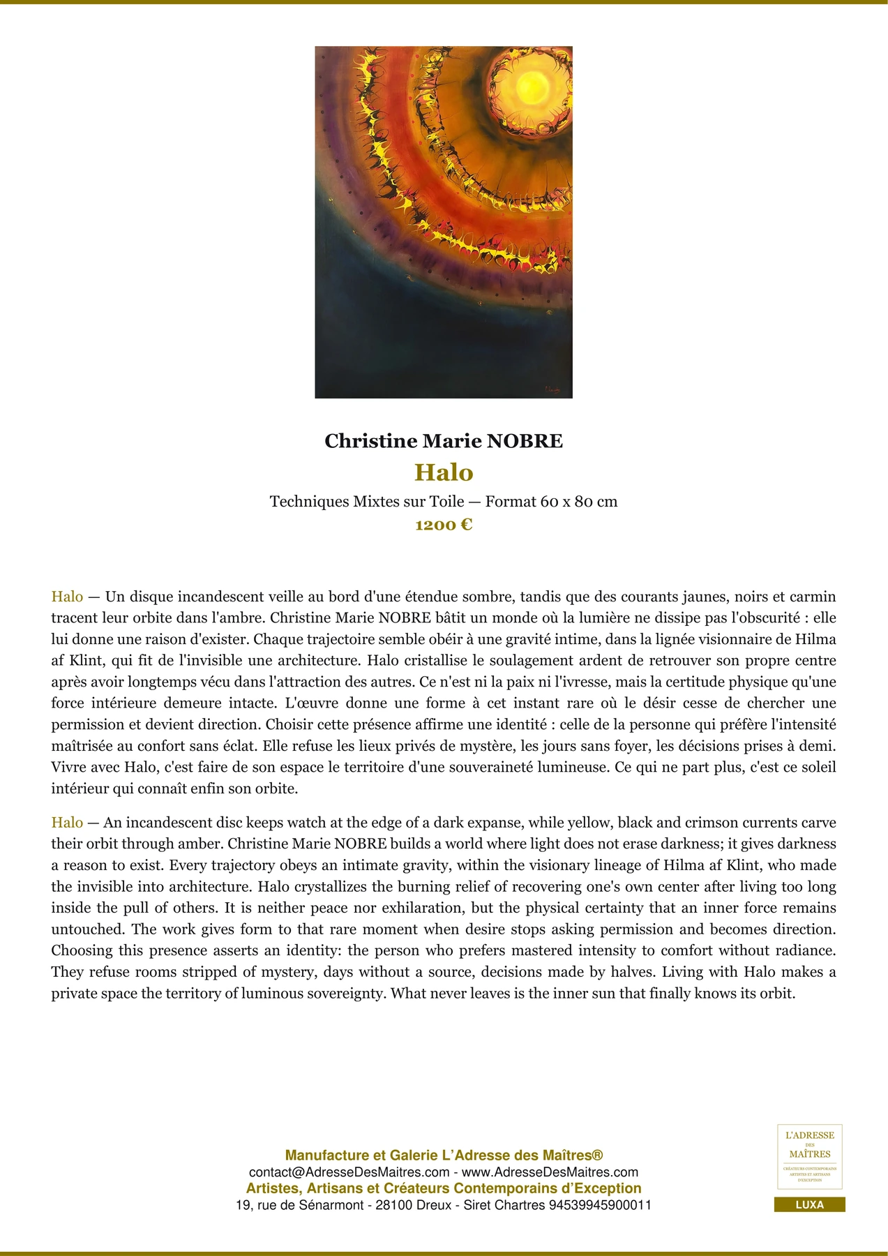 Fiche Premium - Halo - Christine Marie NOBRE - L'Adresse des Maîtres®