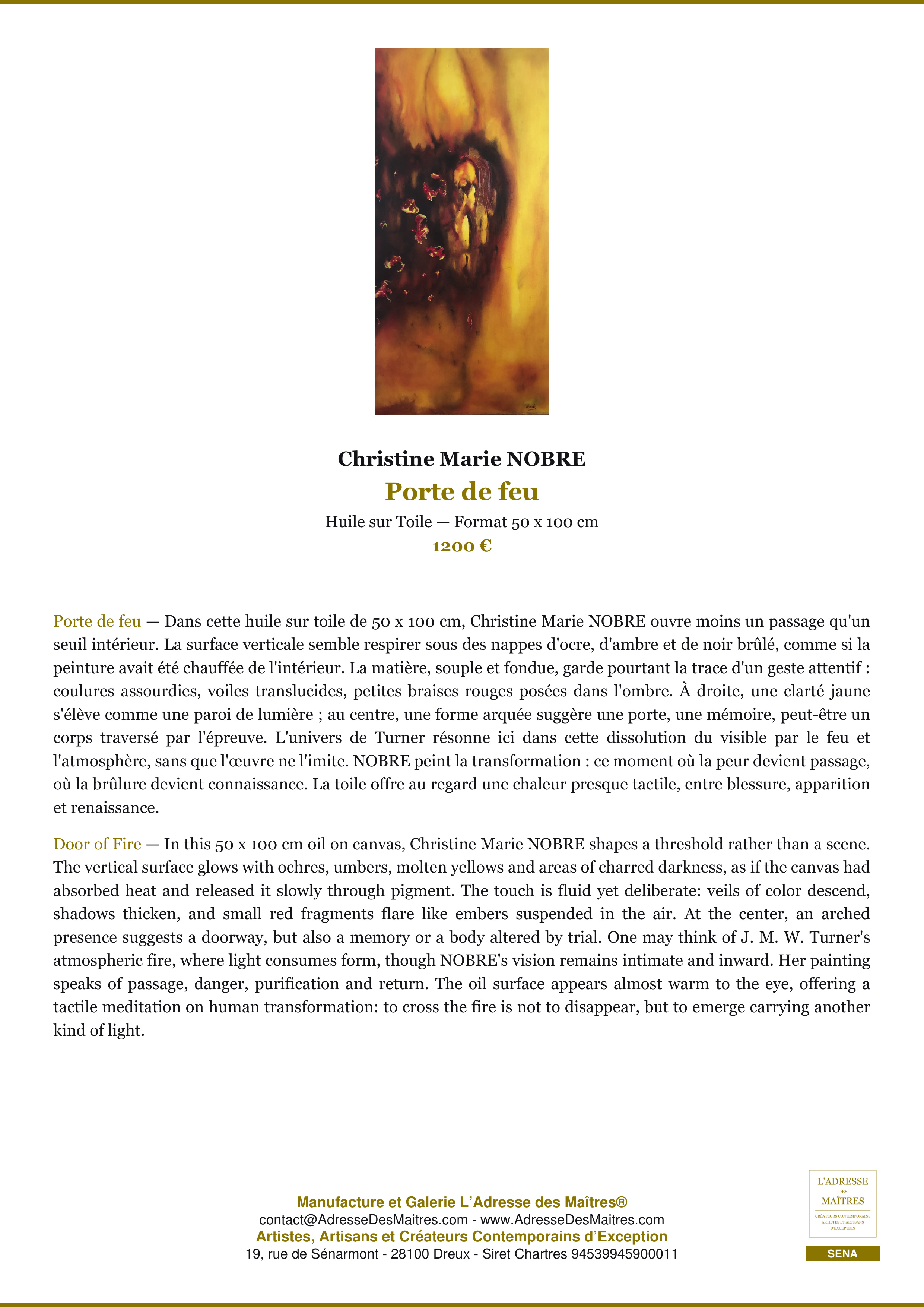 Fiche Premium — Porte de feu — Christine Marie NOBRE — L'Adresse des Maîtres®