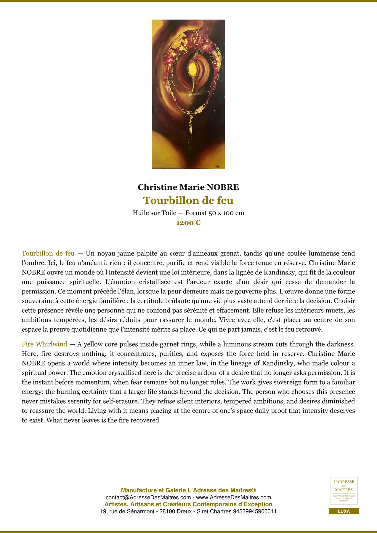 Fiche Premium — Tourbillon de feu — Christine Marie NOBRE — L'Adresse des Maîtres®