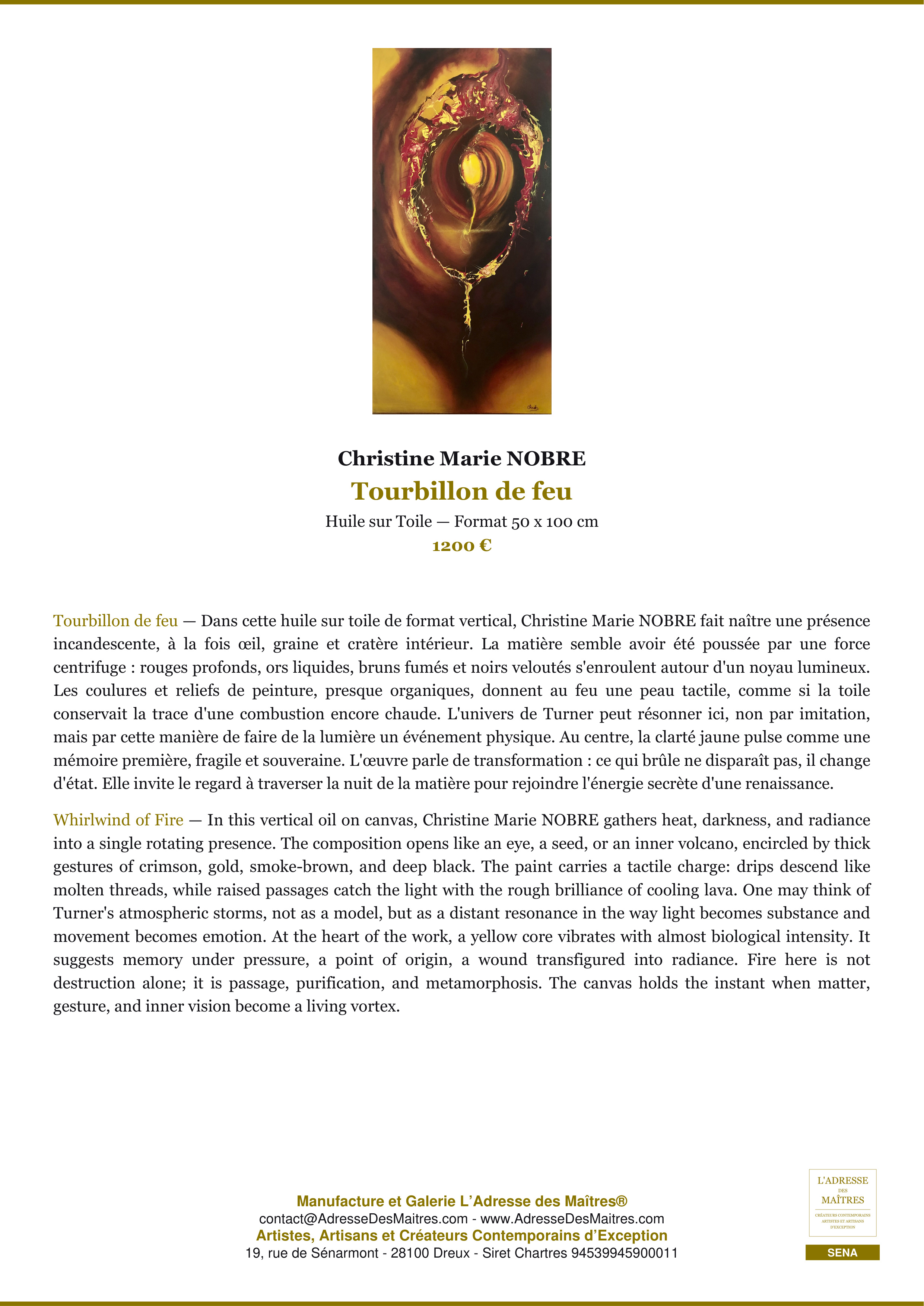 Fiche Premium — Tourbillon de feu — Christine Marie NOBRE — L'Adresse des Maîtres®