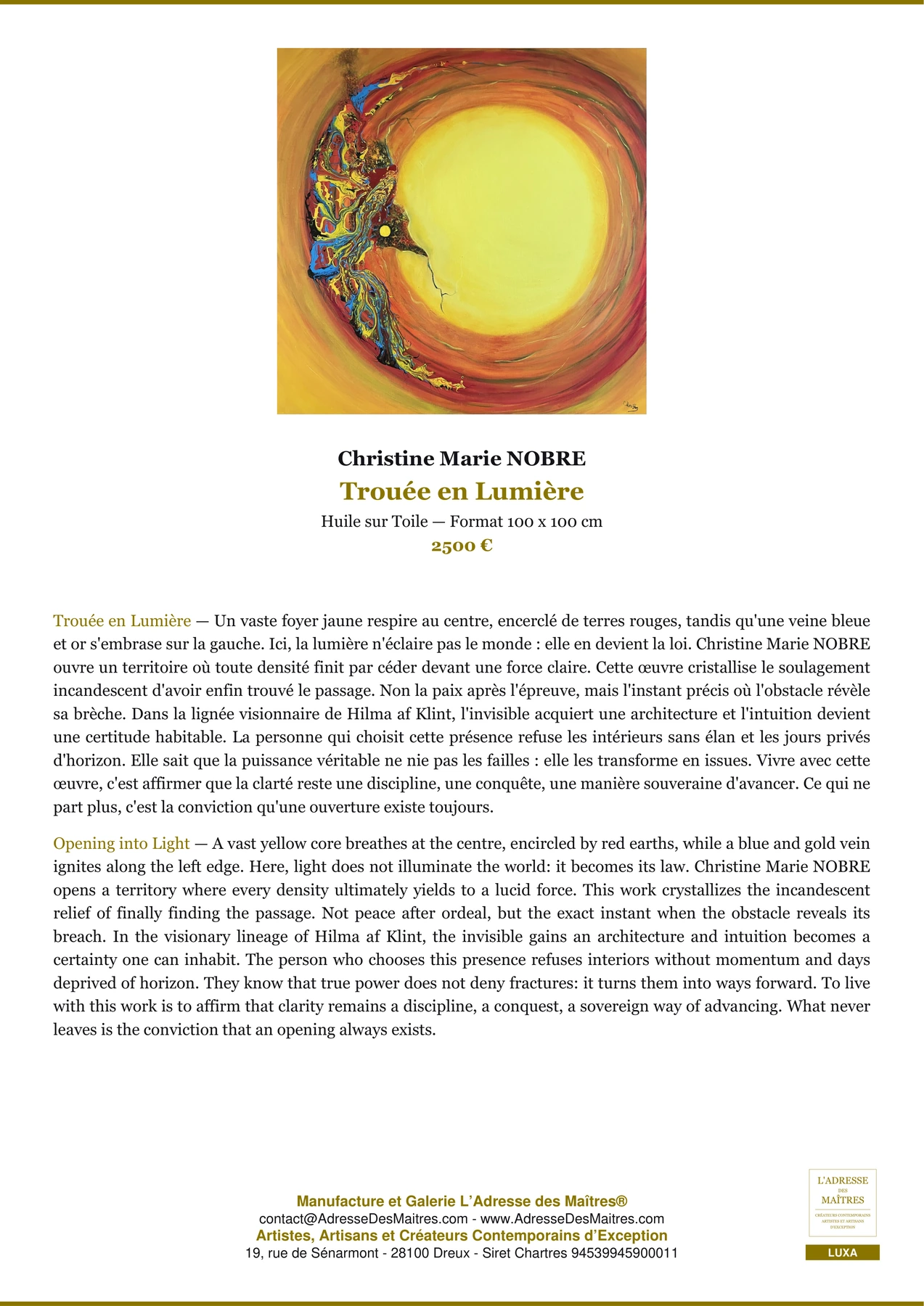 Fiche Premium - Trouée en Lumière - Christine Marie NOBRE - L'Adresse des Maîtres®