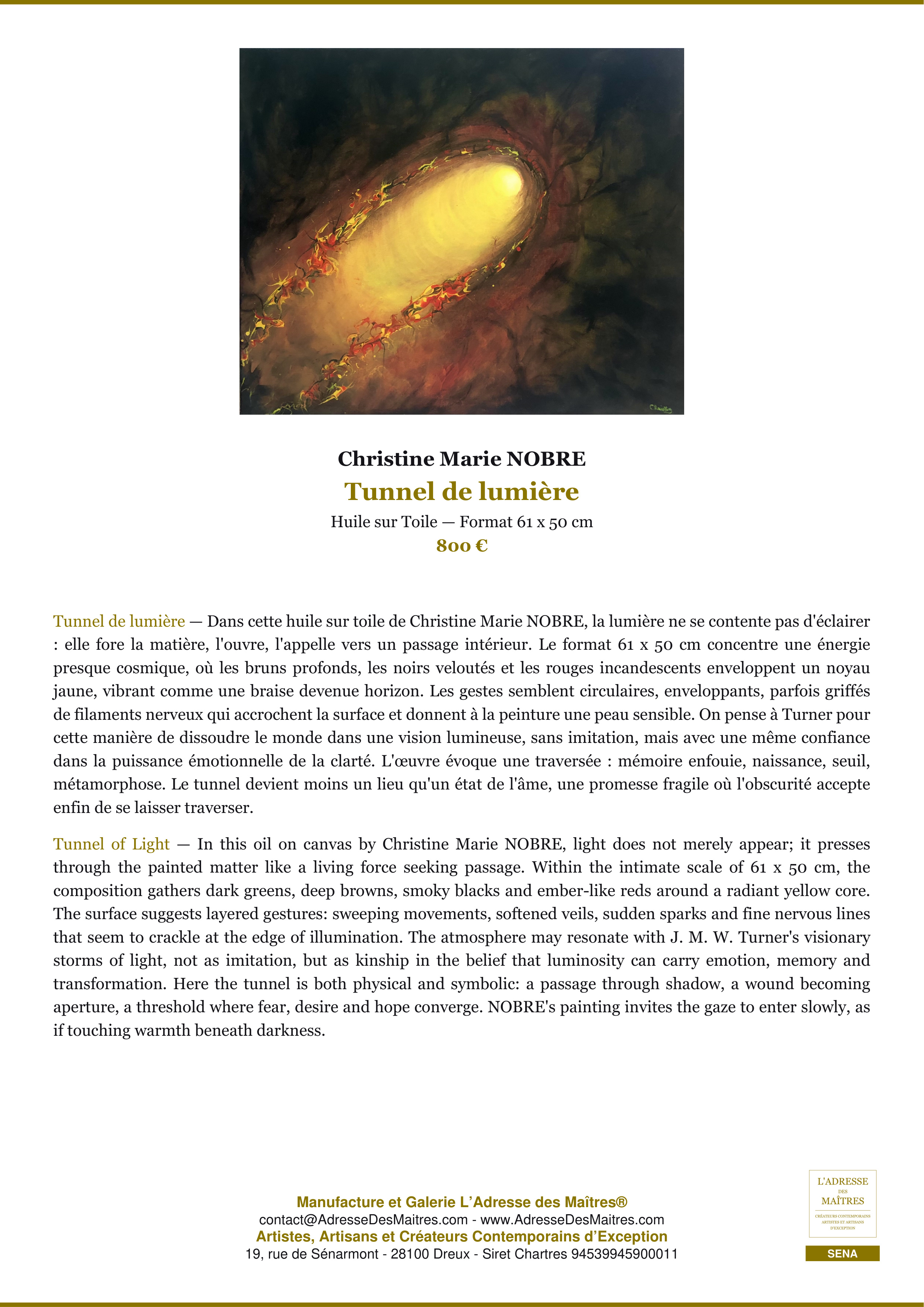Fiche Premium — Tunnel de lumière — Christine Marie NOBRE — L'Adresse des Maîtres®