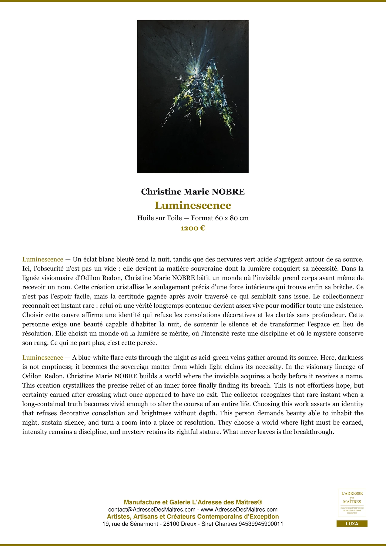 Fiche Premium - Luminescence - Christine Marie NOBRE - L'Adresse des Maîtres®