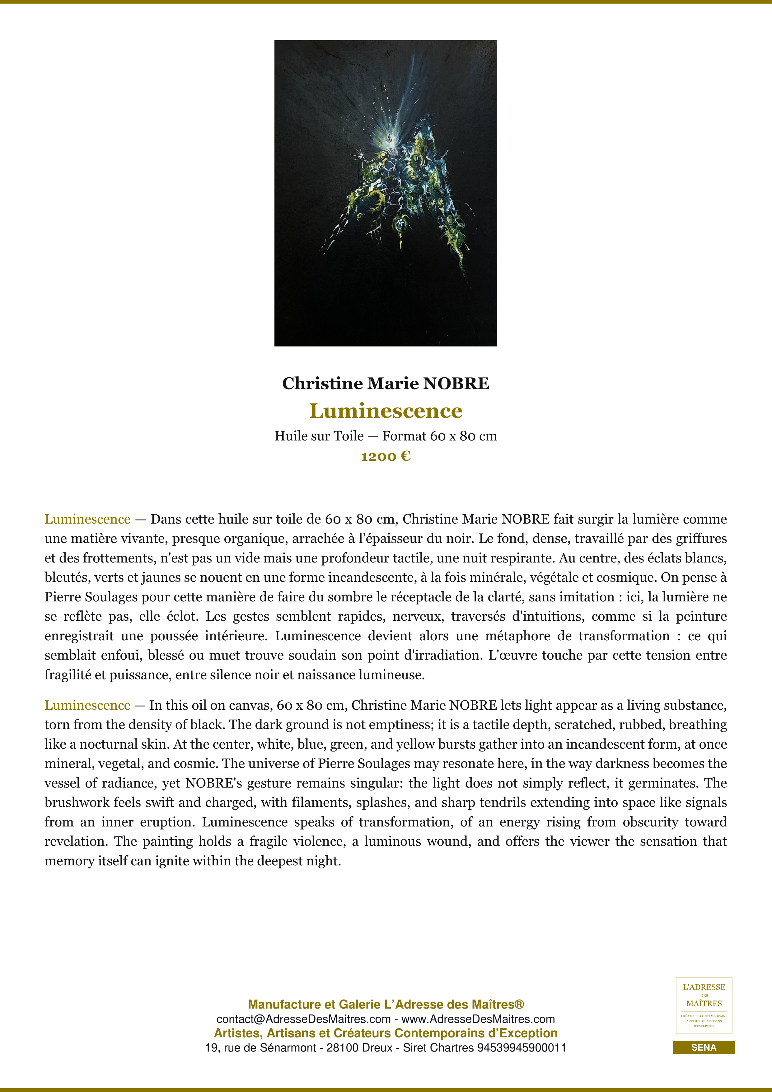 Fiche Premium — Luminescence — Christine Marie NOBRE — L'Adresse des Maîtres®