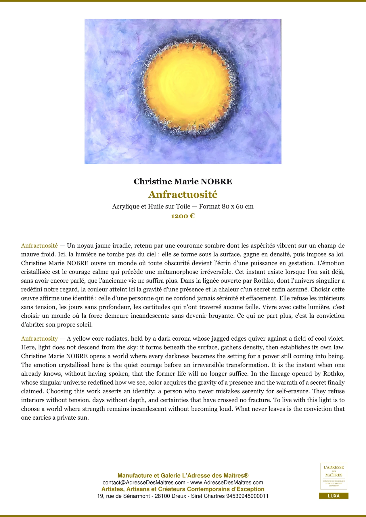 Fiche Premium — Anfractuosité — Christine Marie NOBRE — L'Adresse des Maîtres®