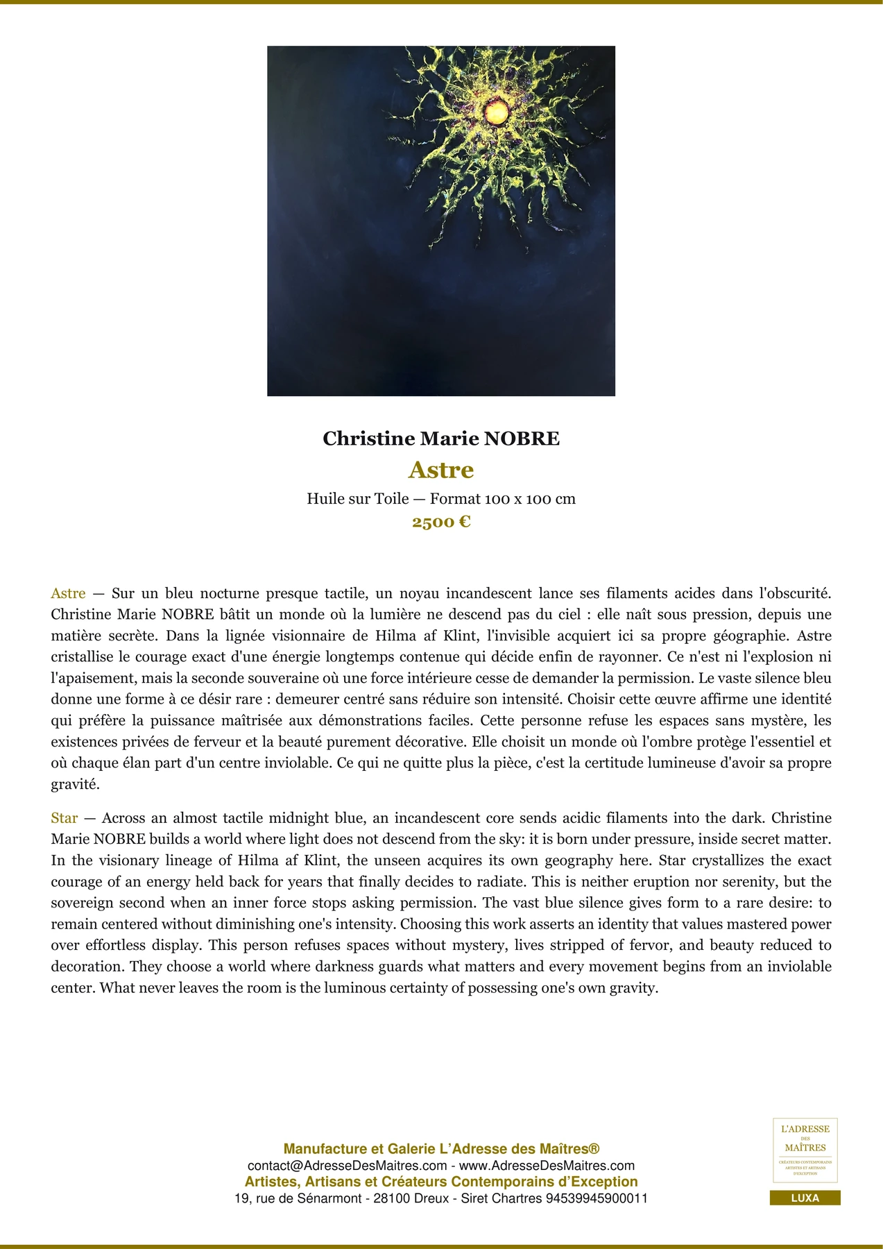Fiche Premium — Astre — Christine Marie NOBRE — L'Adresse des Maîtres®