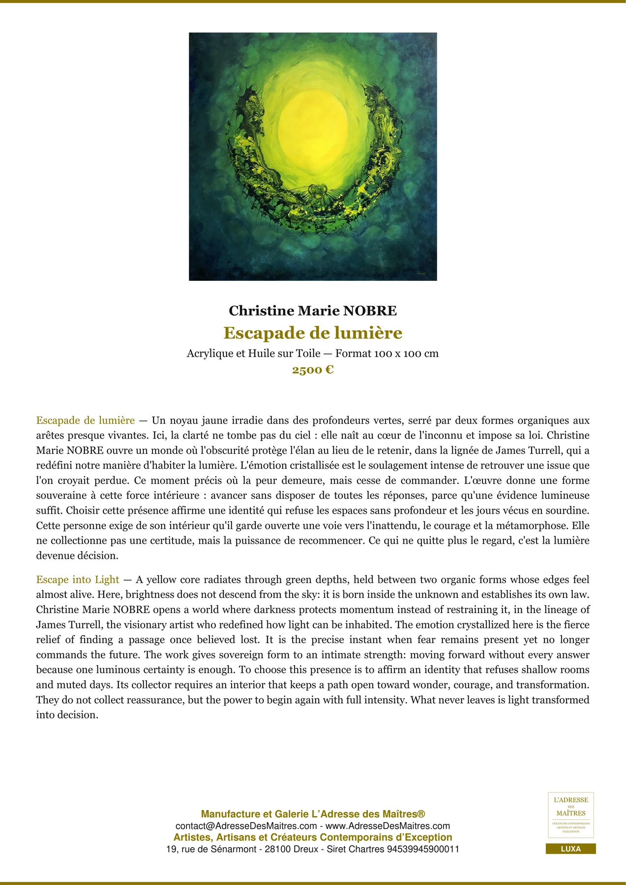 Fiche Premium — Escapade de lumière — Christine Marie NOBRE — L'Adresse des Maîtres®