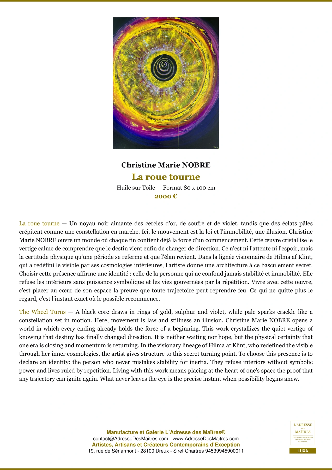 Fiche Premium — La roue tourne — Christine Marie NOBRE — L'Adresse des Maîtres®