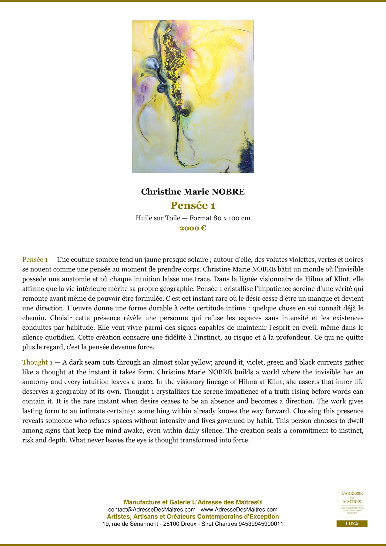 Fiche Premium — Pensée 1 — Christine Marie NOBRE — L'Adresse des Maîtres®