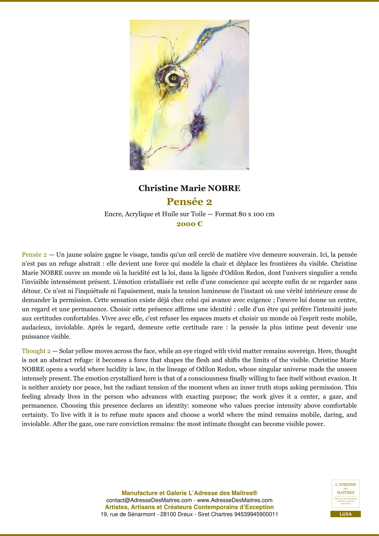 Fiche Premium — Pensée 2 — Christine Marie NOBRE — L'Adresse des Maîtres®