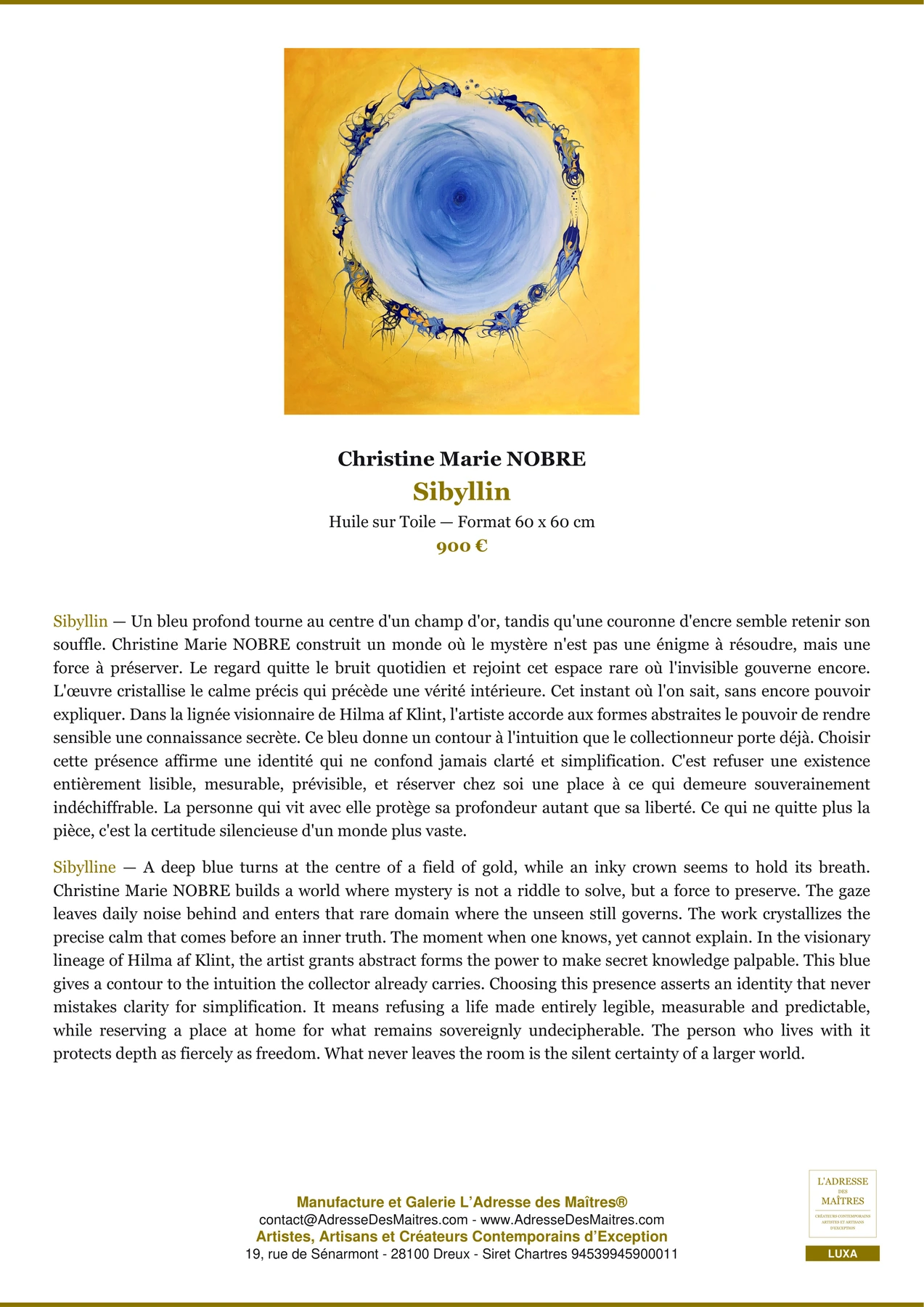 Fiche Premium — Sibyllin — Christine Marie NOBRE — L'Adresse des Maîtres®