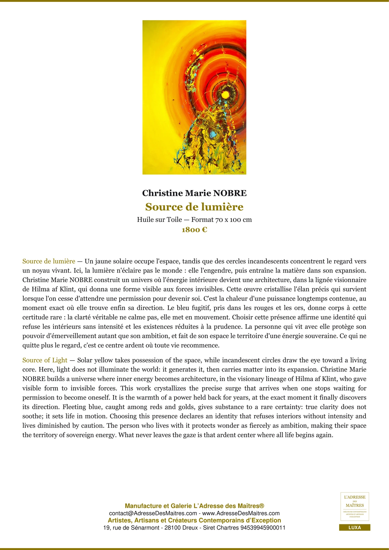 Fiche Premium — Source de lumière — Christine Marie NOBRE — L'Adresse des Maîtres®