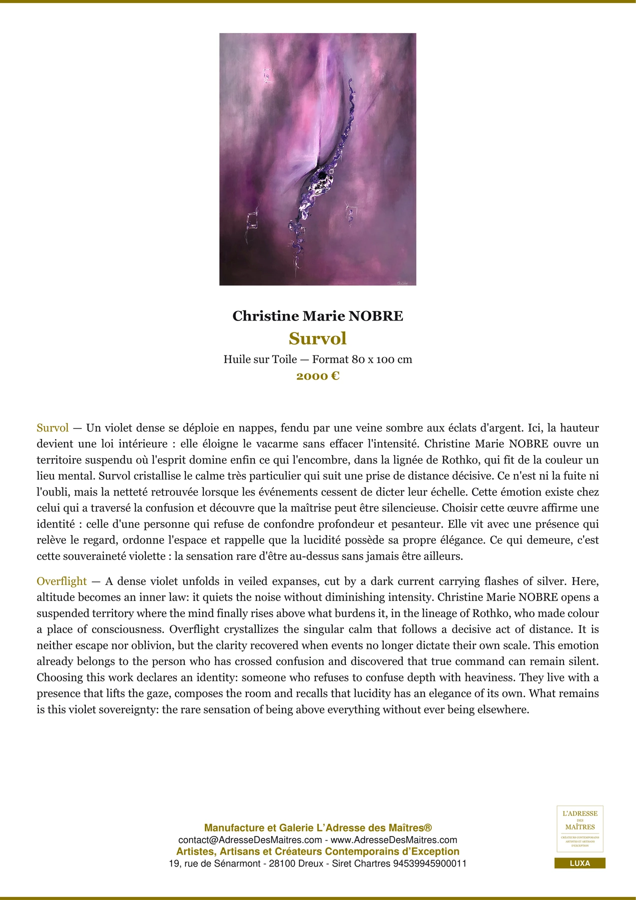 Fiche Premium — Survol — Christine Marie NOBRE — L'Adresse des Maîtres®