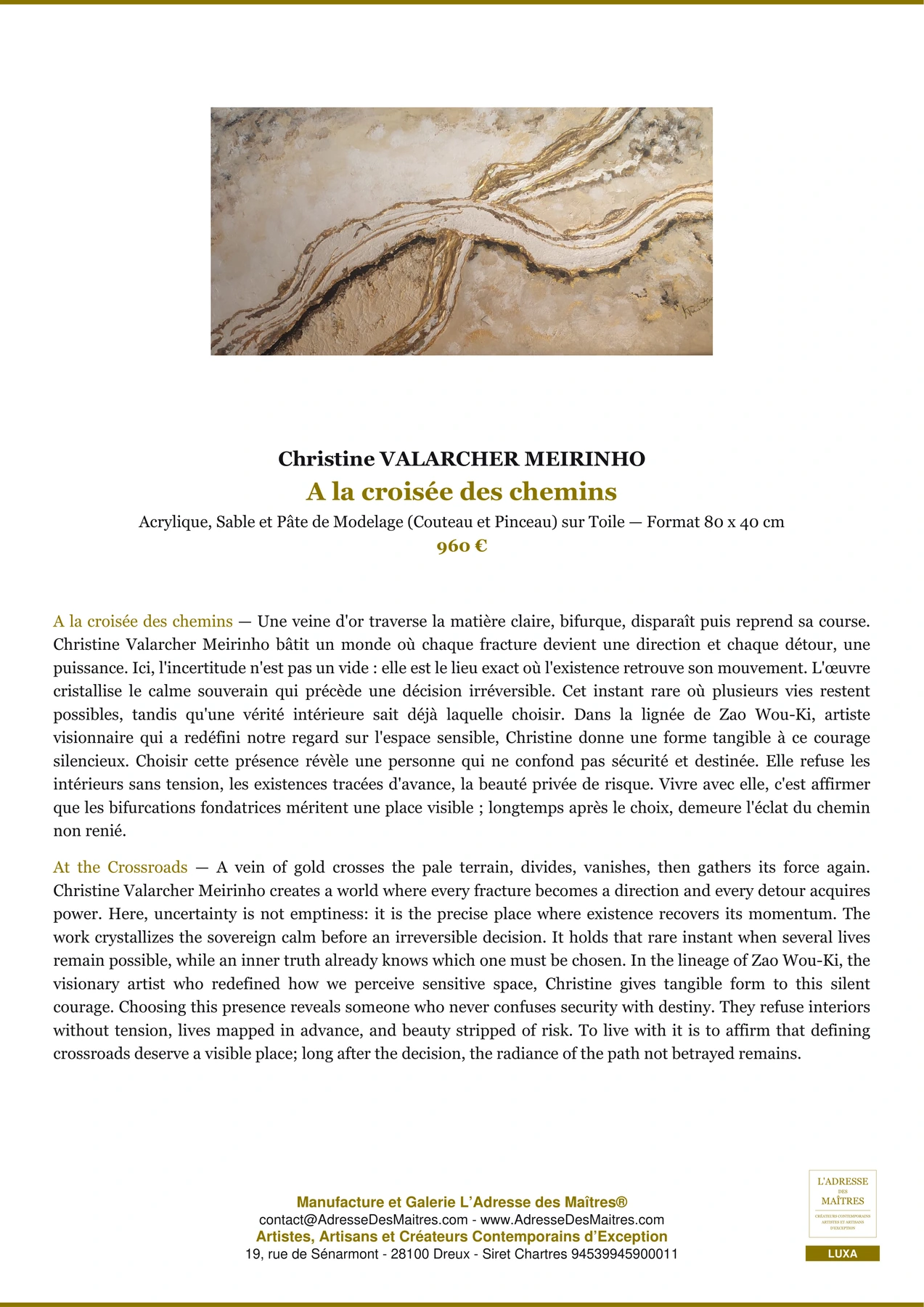A la croisée des chemins — Fiche Premium, Acrylique, Sable et Pâte de Modelage (Couteau et Pinceau) sur Toile 80 x 40 cm, Christine VALARCHER MEIRINHO