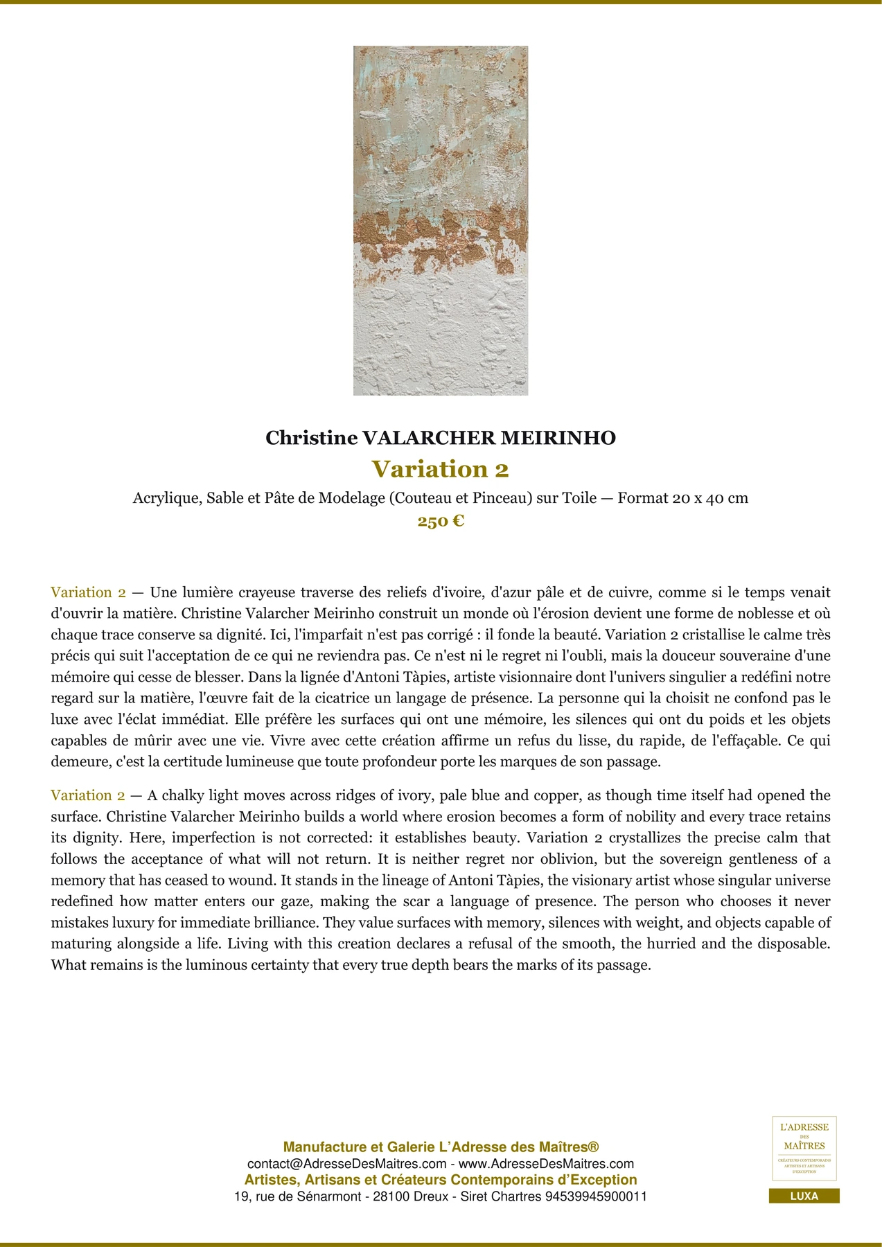 Fiche Premium — Variation 2 — Christine VALARCHER MEIRINHO — L'Adresse des Maîtres®