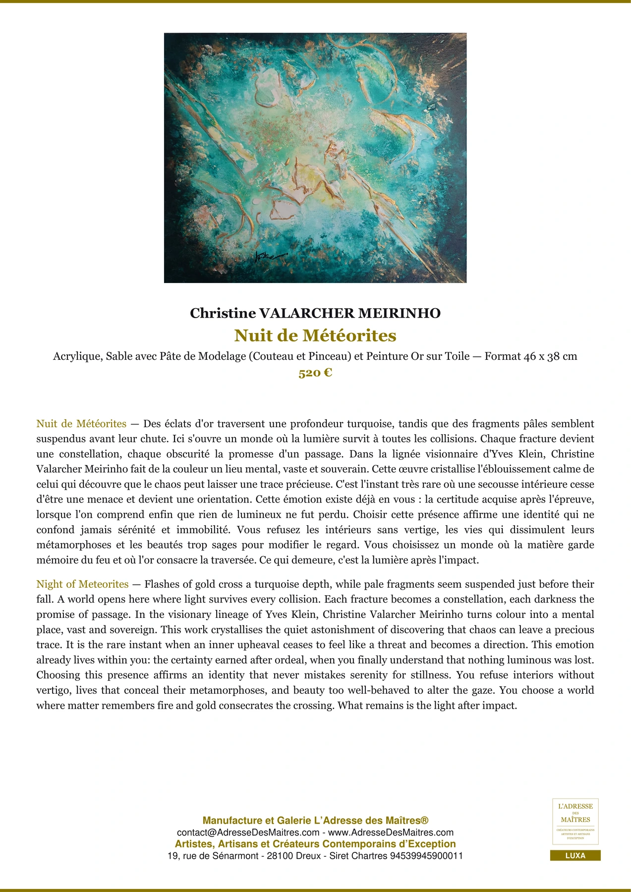 Fiche Premium — Nuit de Météorites — Christine VALARCHER MEIRINHO — L'Adresse des Maîtres®