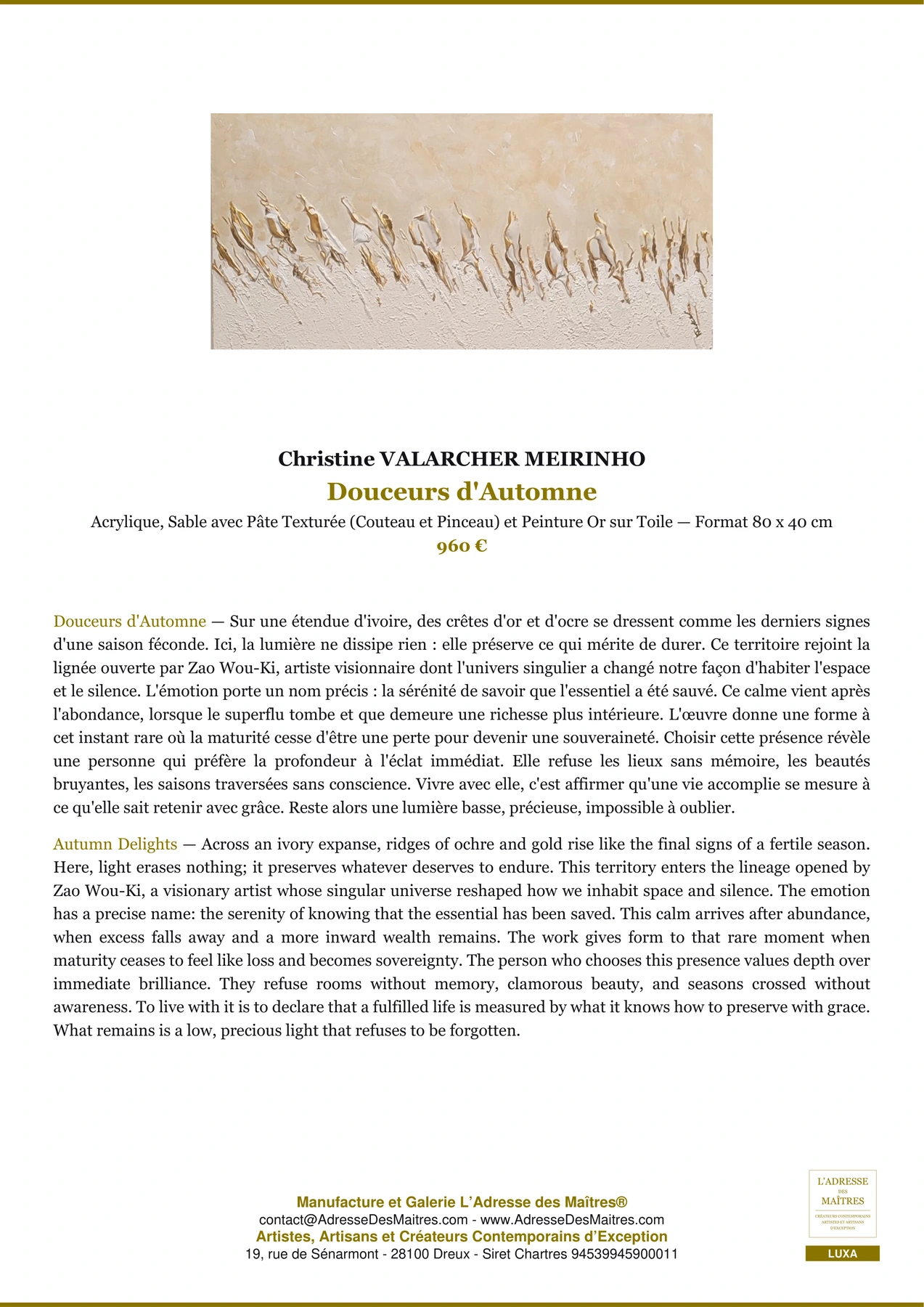 Fiche Premium — Douceurs d'Automne — Christine VALARCHER MEIRINHO — L'Adresse des Maîtres®