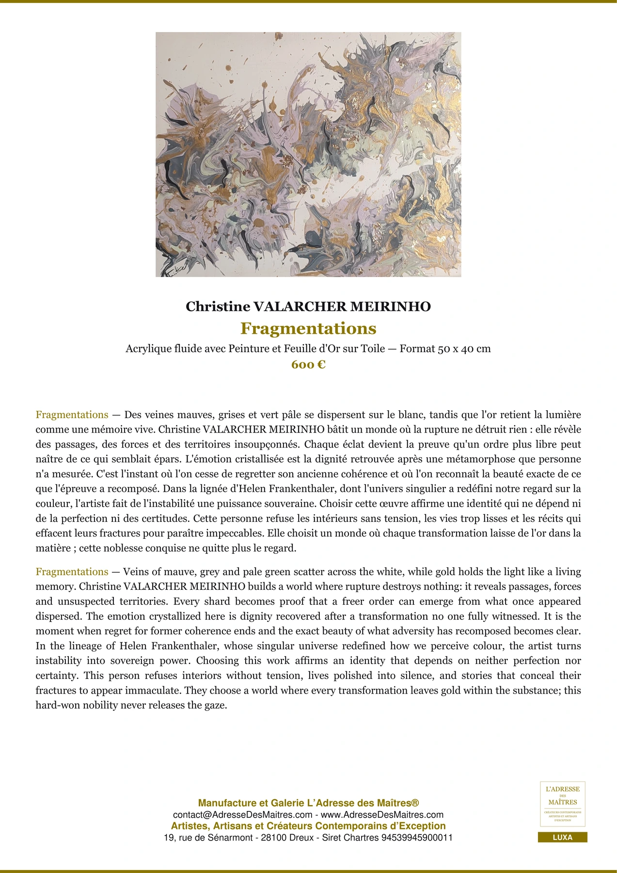 Fiche Premium — Fragmentations — Christine VALARCHER MEIRINHO — L'Adresse des Maîtres®