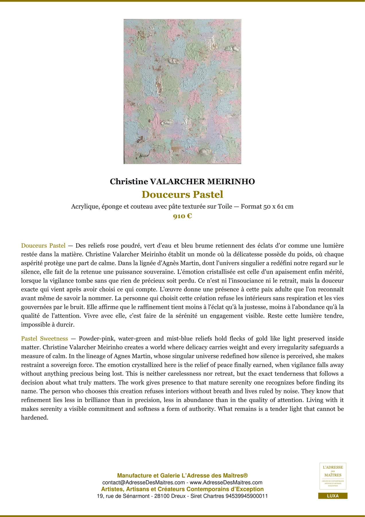 Fiche Premium — Douceurs Pastel — Christine VALARCHER MEIRINHO — L'Adresse des Maîtres®