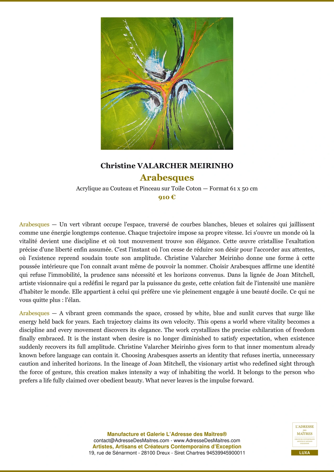 Fiche Premium — Arabesques — Christine VALARCHER MEIRINHO — L'Adresse des Maîtres®
