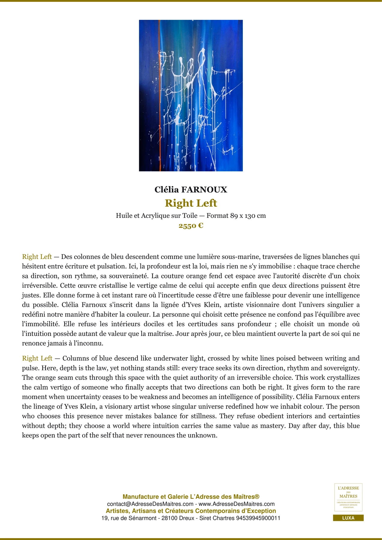 Fiche Premium - Right Left - Clélia FARNOUX - L'Adresse des Maîtres®