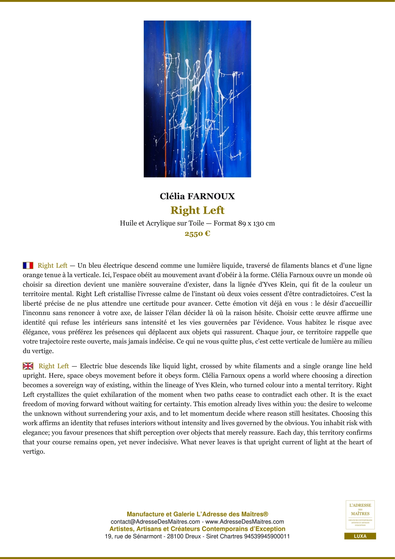 Right Left — Fiche Premium, Huile et Acrylique sur Toile 89 x 130 cm, Clélia FARNOUX