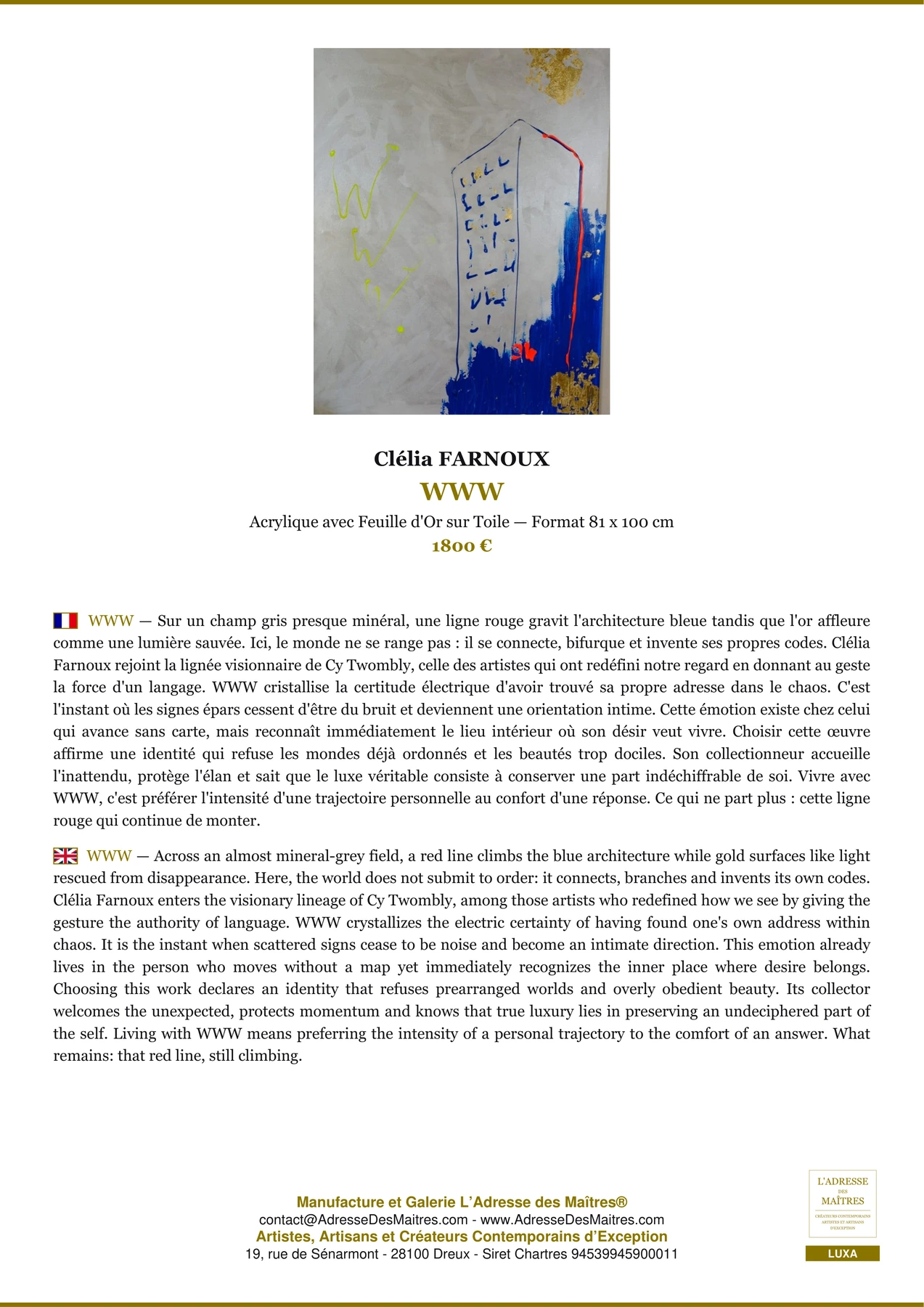 WWW — Fiche Premium, Acrylique avec Feuille d'Or sur Toile 81 x 100 cm, Clélia FARNOUX