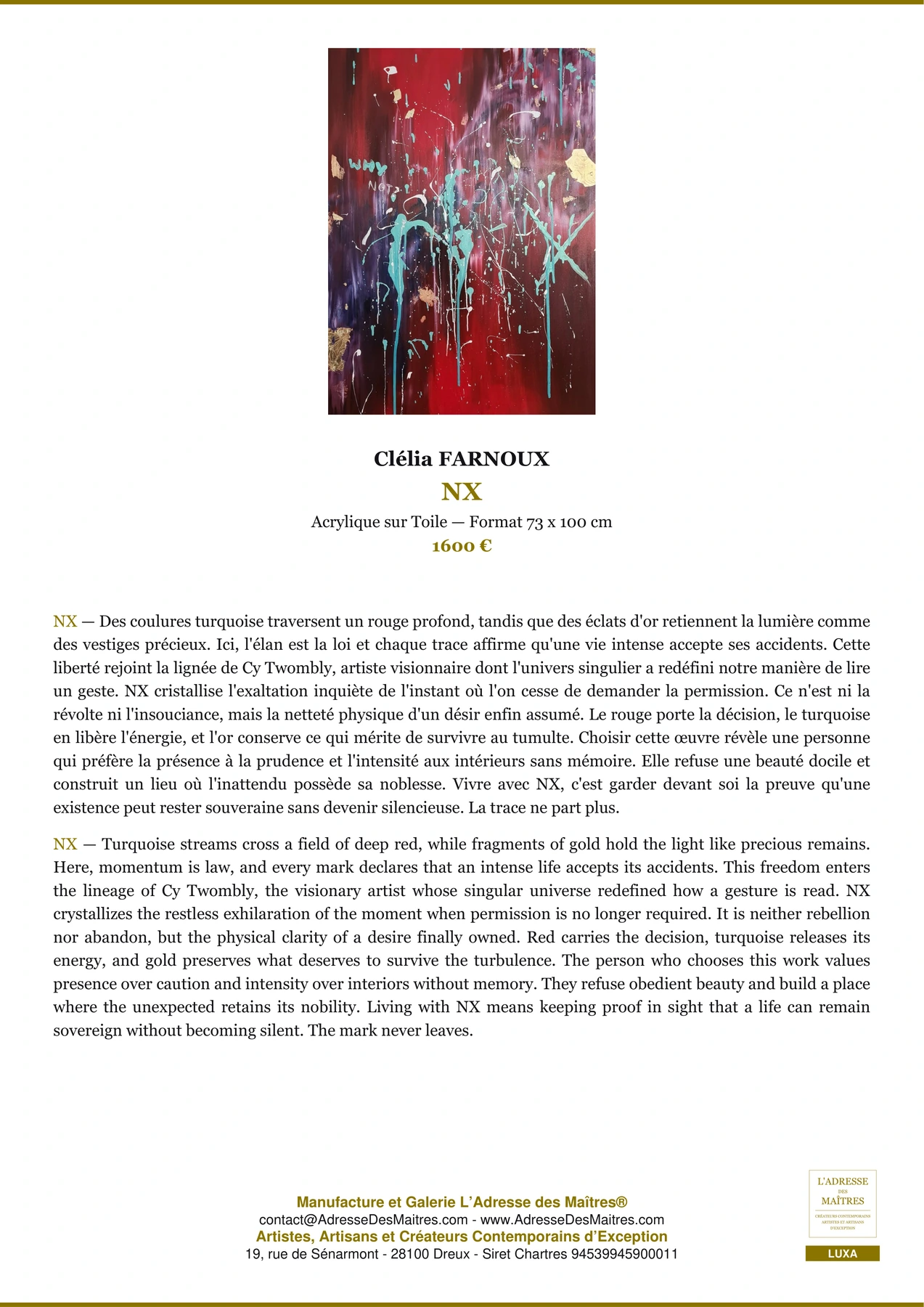 Fiche Premium - NX - Clélia FARNOUX - L'Adresse des Maîtres®