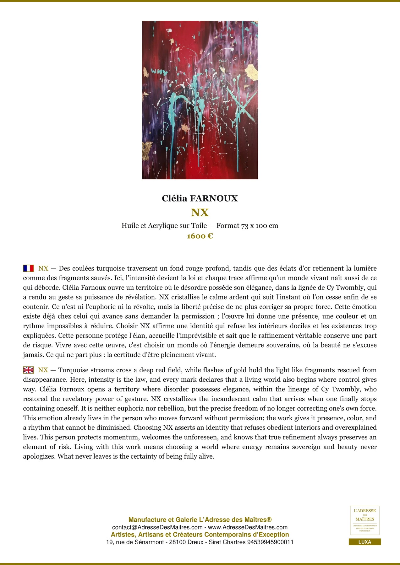 Fiche Premium - NX - Clélia FARNOUX - L'Adresse des Maîtres®
