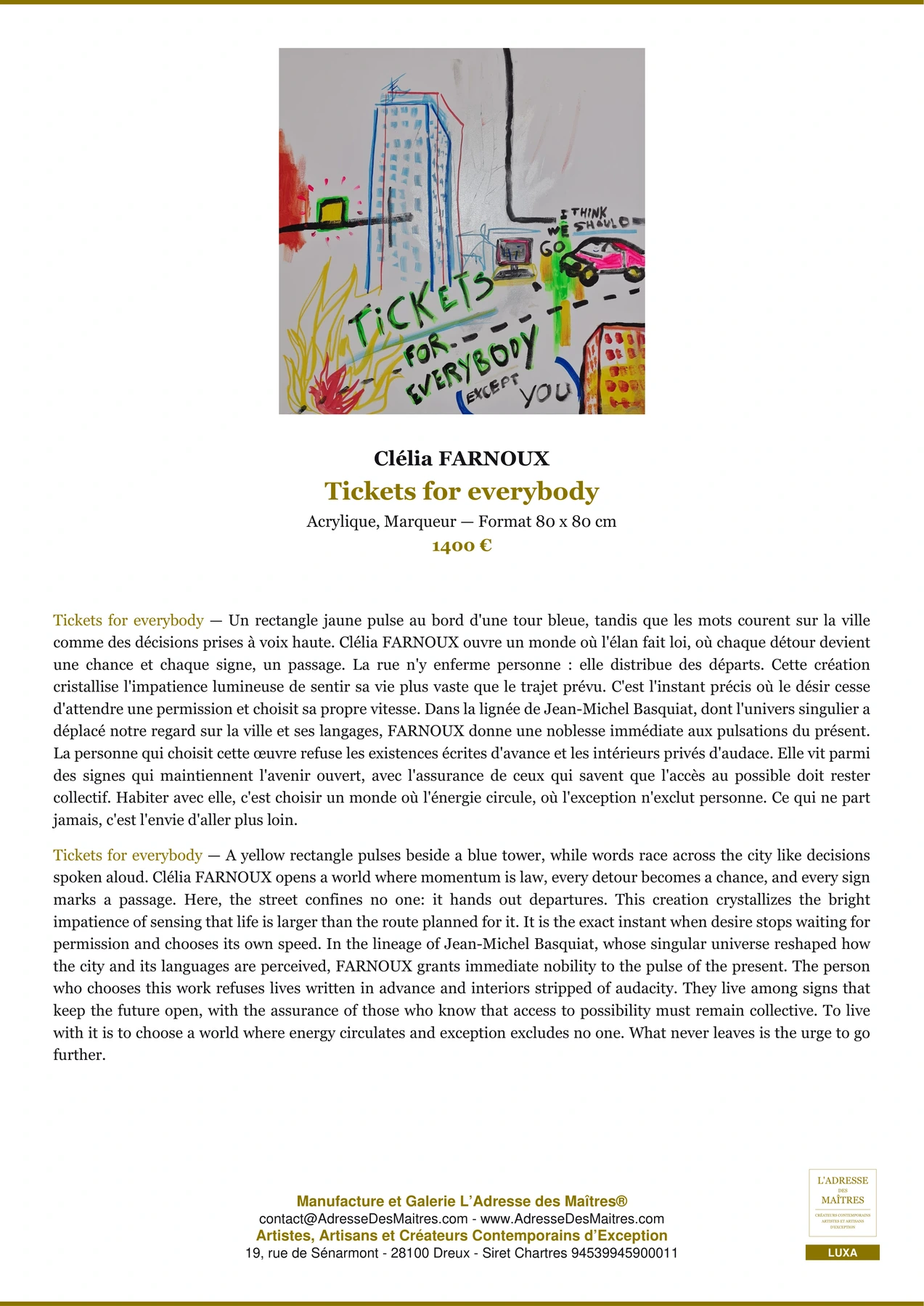 Fiche Premium - Tickets for everybody - Clélia FARNOUX - L'Adresse des Maîtres®
