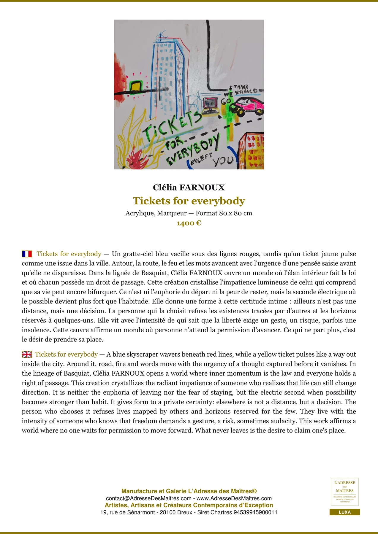 Fiche Premium - Tickets for everybody - Clélia FARNOUX - L'Adresse des Maîtres®