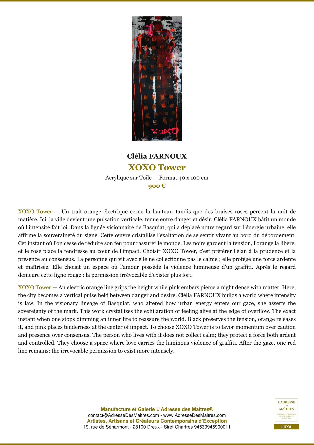 Fiche Premium - XOXO Tower - Clélia FARNOUX - L'Adresse des Maîtres®