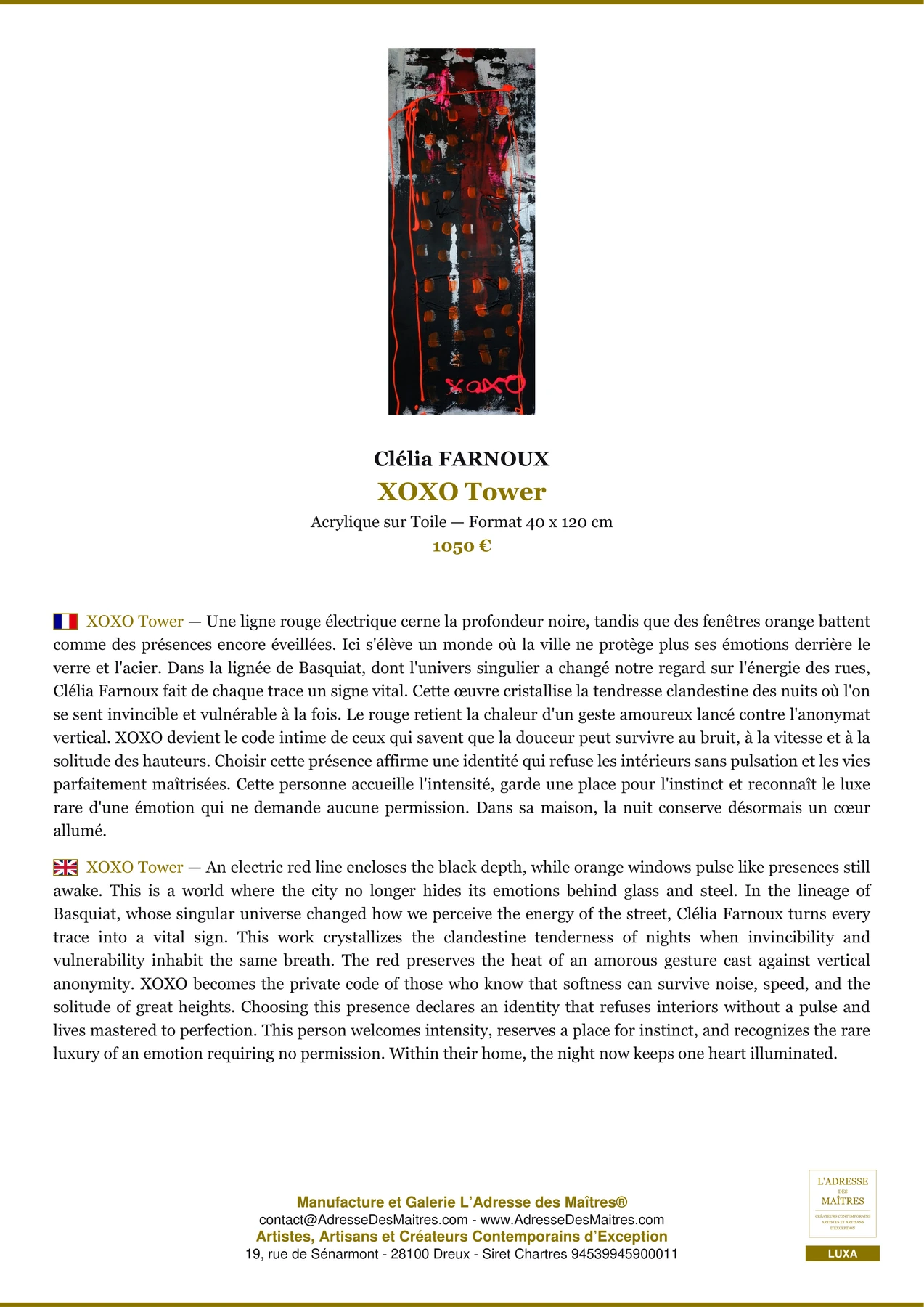 Fiche Premium - XOXO Tower - Clélia FARNOUX - L'Adresse des Maîtres®
