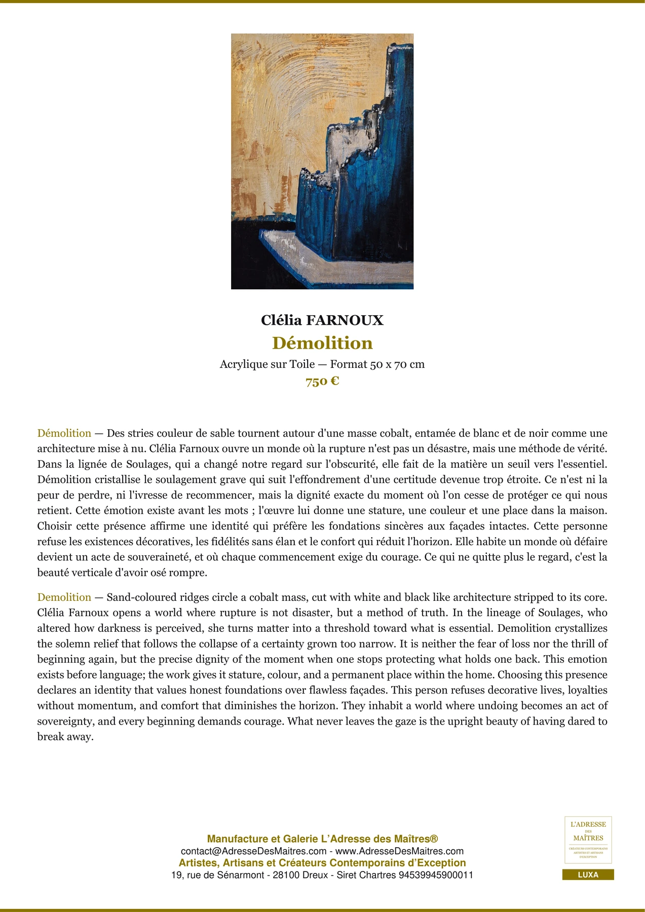 Fiche Premium - Démolition - Clélia FARNOUX - L'Adresse des Maîtres®