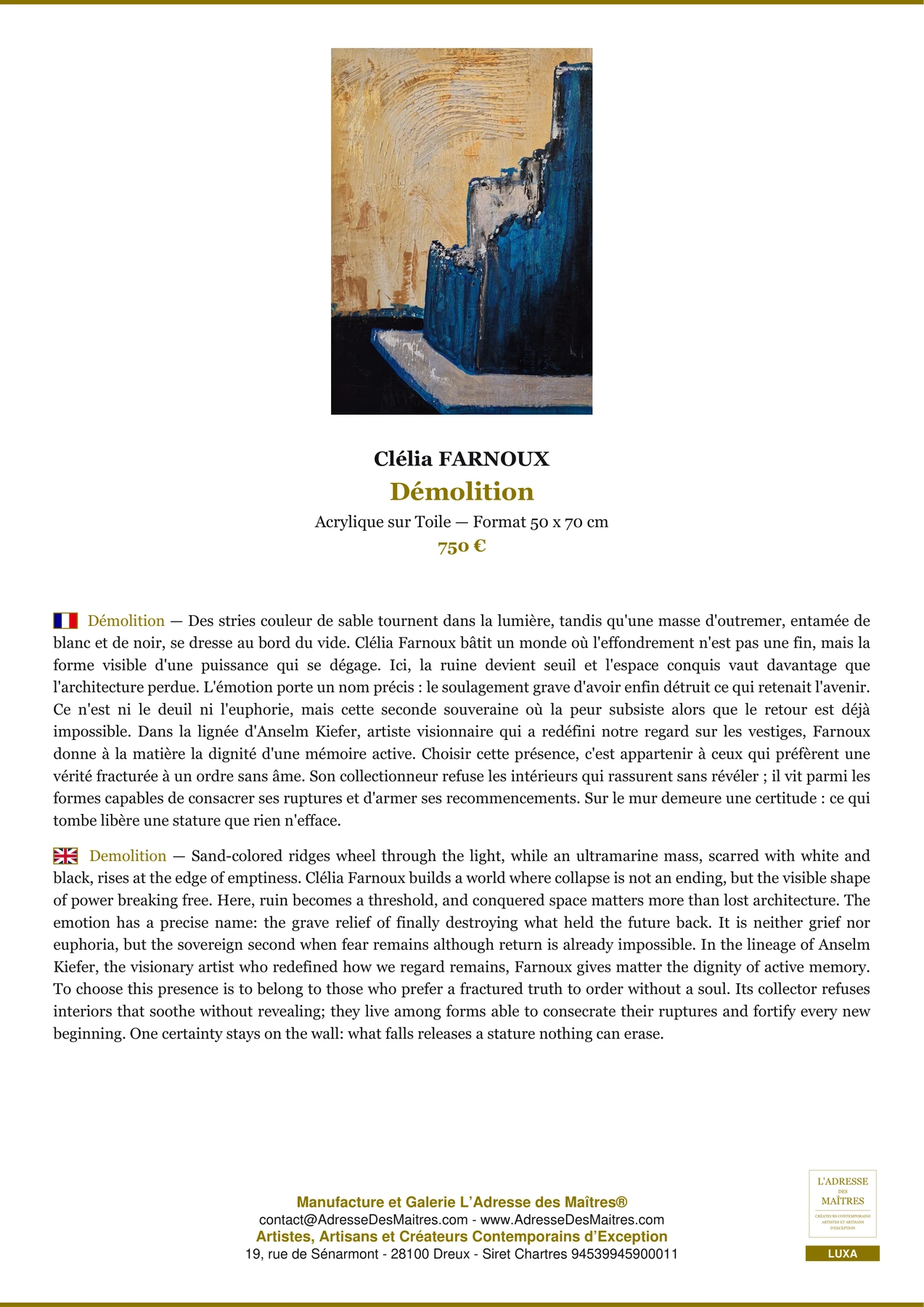 Fiche Premium - Démolition - Clélia FARNOUX - L'Adresse des Maîtres®