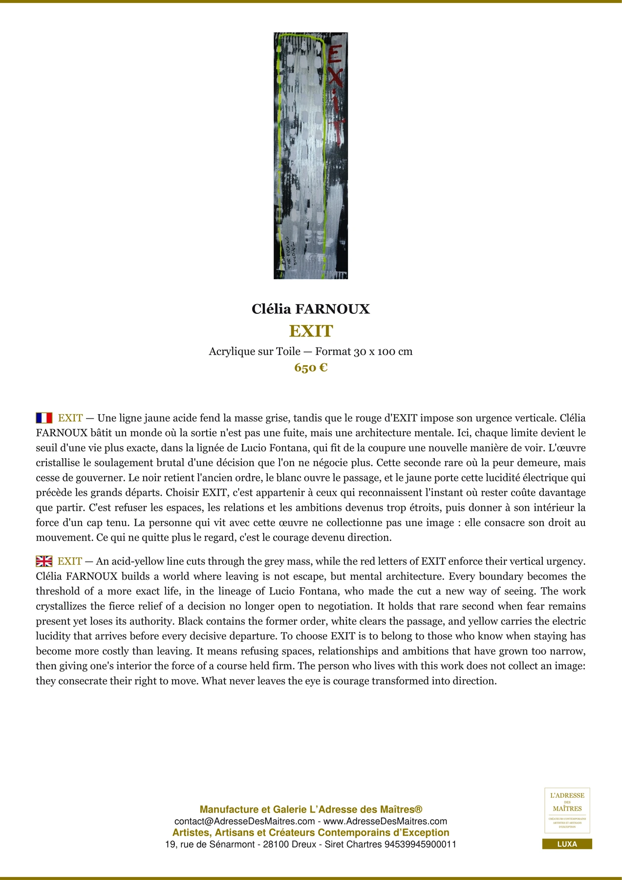 Fiche Premium - EXIT - Clélia FARNOUX - L'Adresse des Maîtres®
