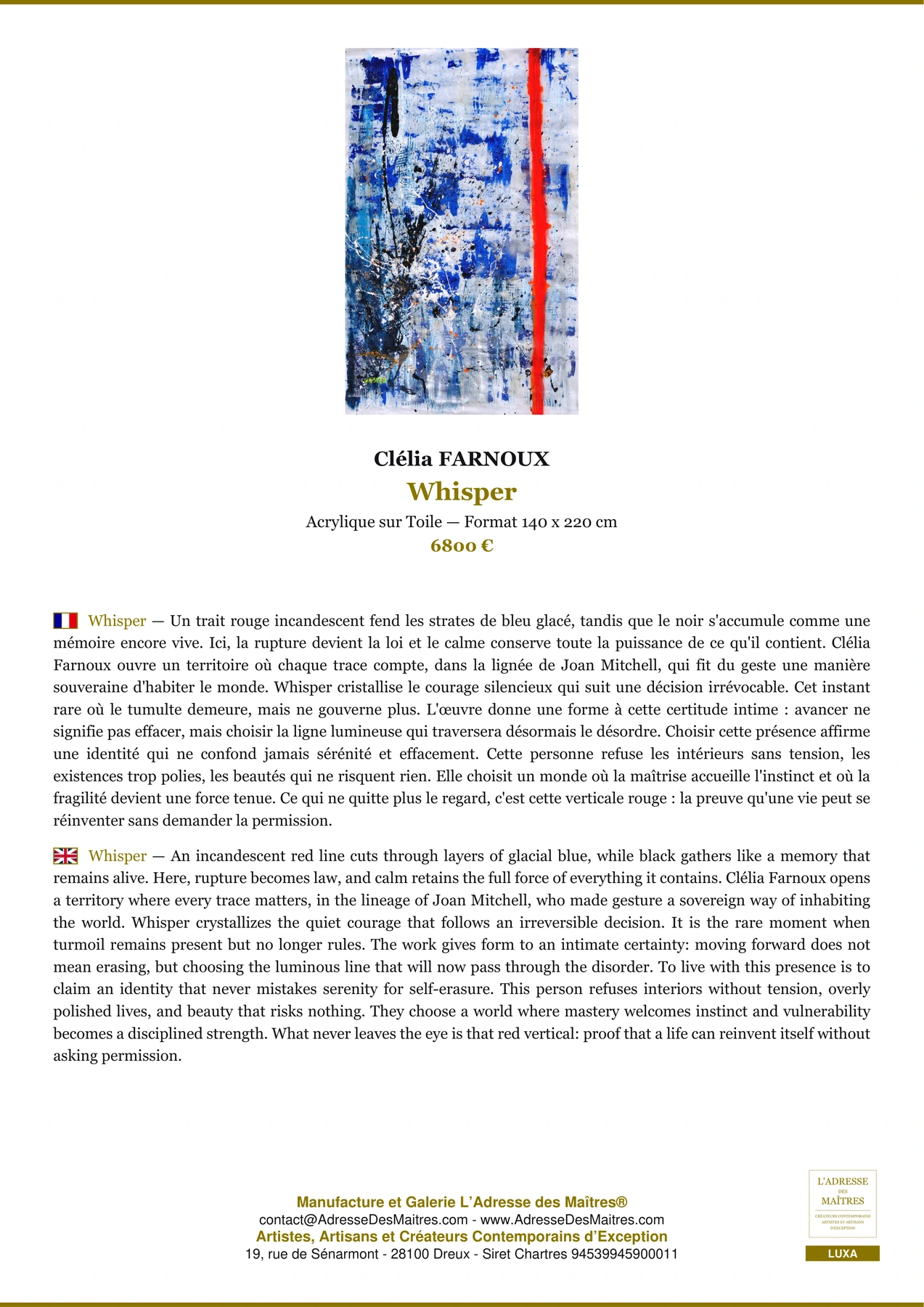 Fiche Premium - Whisper - Clélia FARNOUX - L'Adresse des Maîtres®