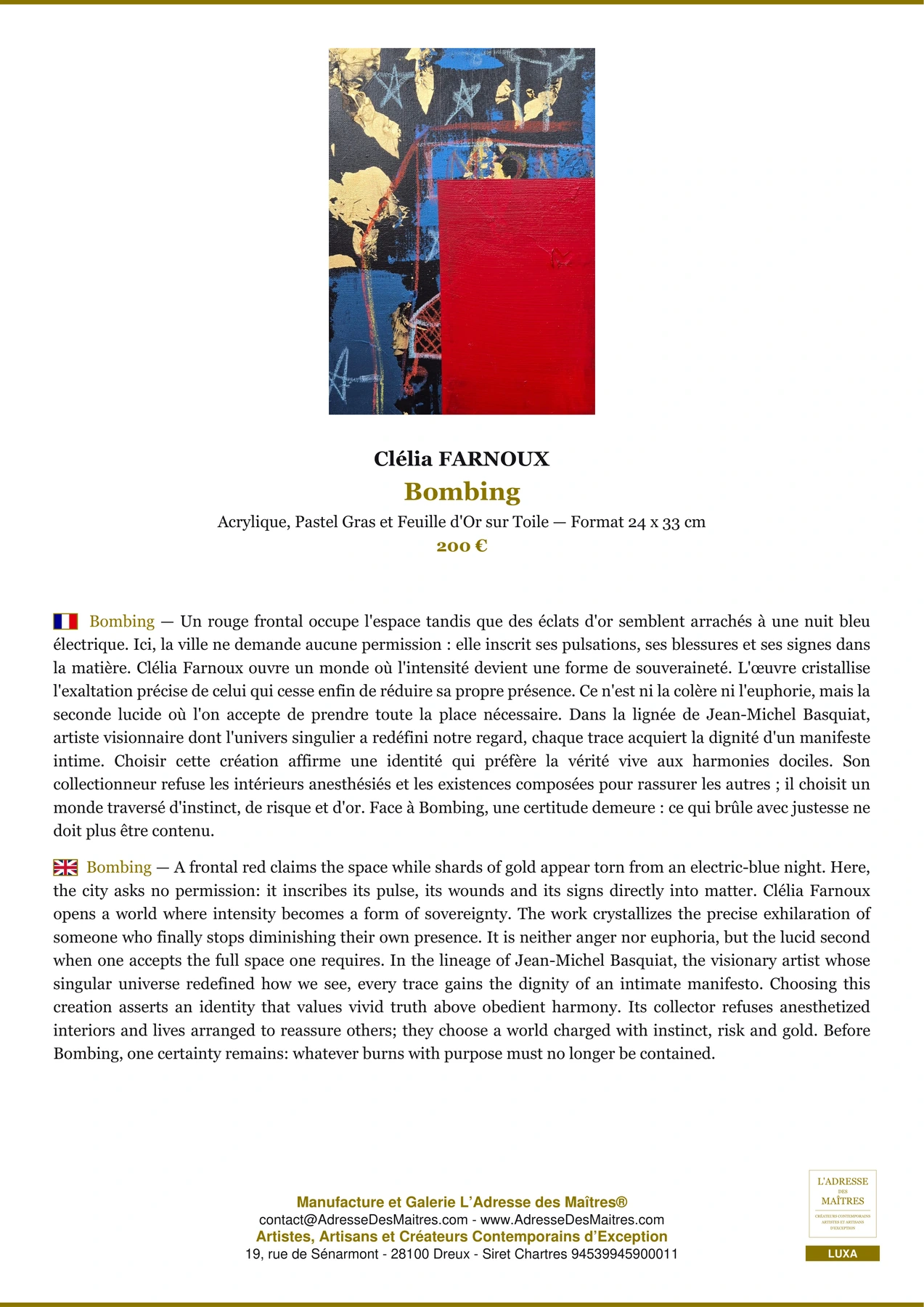 Fiche Premium - Bombing - Clélia FARNOUX - L'Adresse des Maîtres®