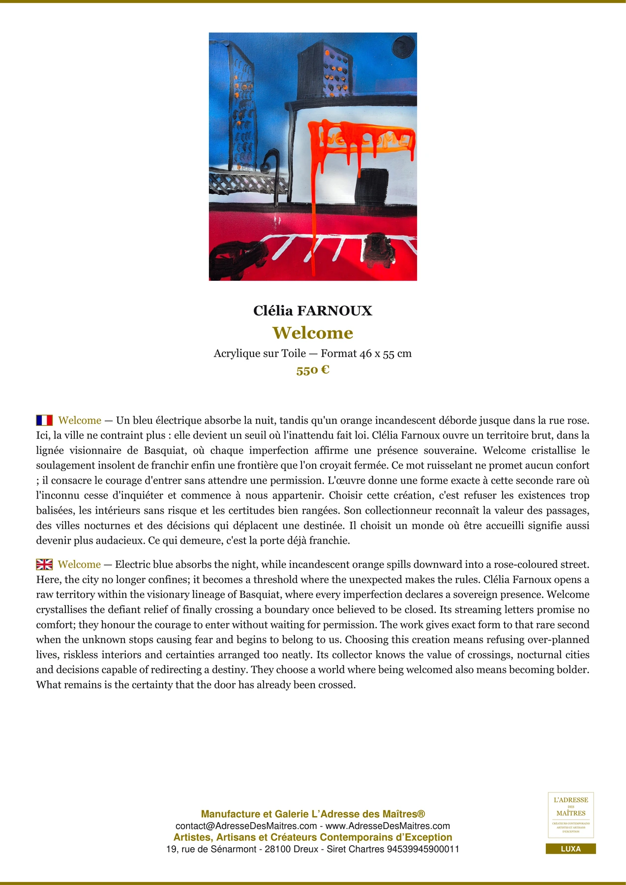 Fiche Premium - Welcome - Clélia FARNOUX - L'Adresse des Maîtres®