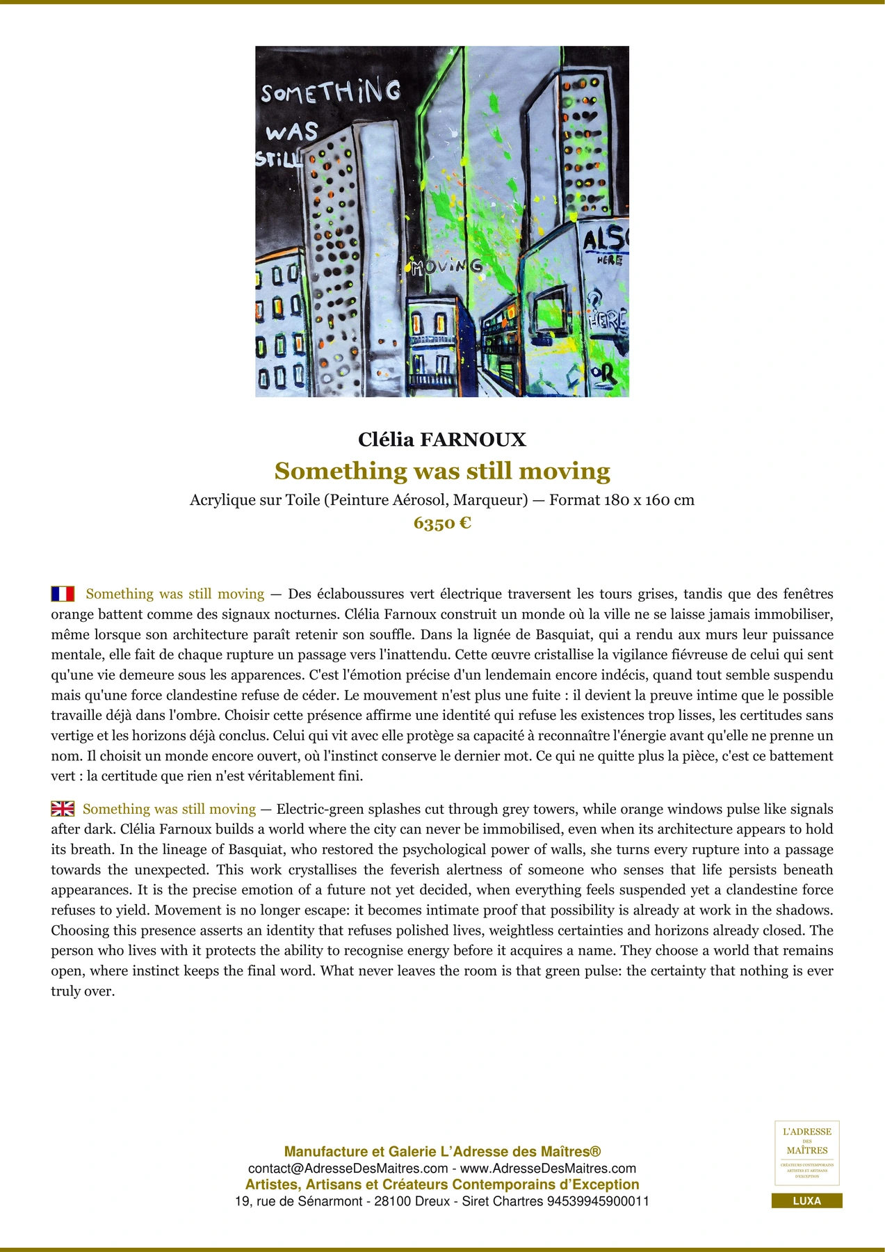 Fiche Premium - Something was still moving - Clélia FARNOUX - L'Adresse des Maîtres®