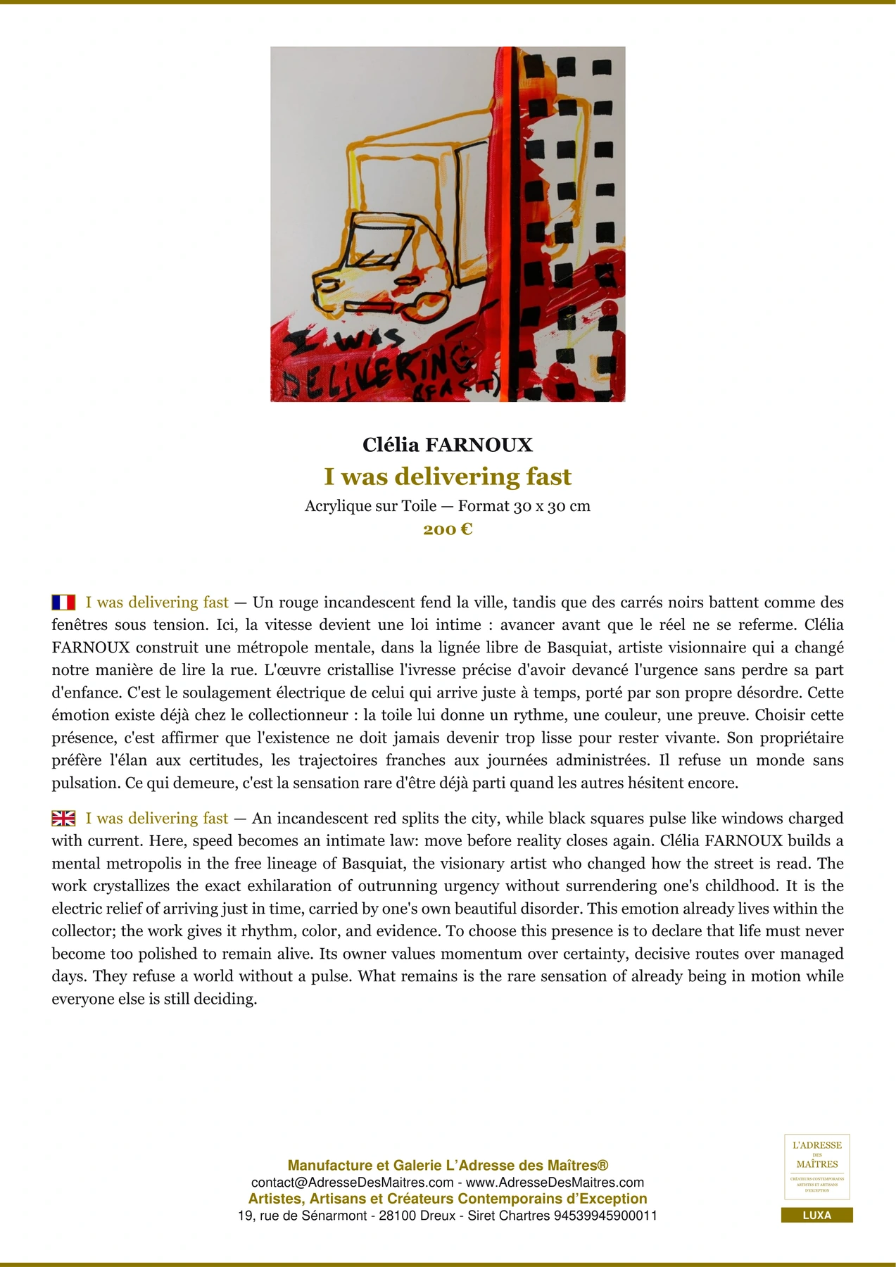 Fiche Premium - I was delivering fast - Clélia FARNOUX - L'Adresse des Maîtres®