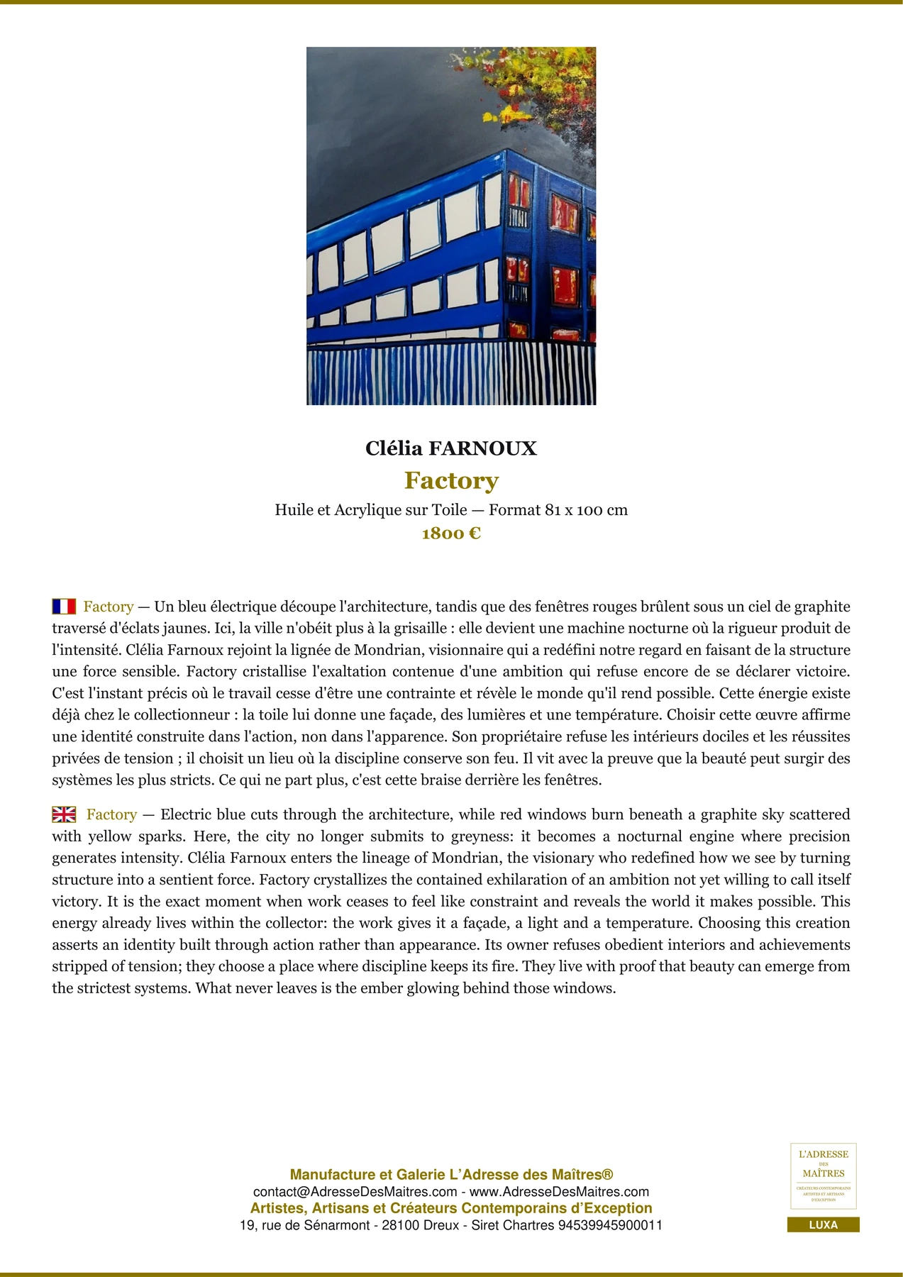 Fiche Premium - Factory - Clélia FARNOUX - L'Adresse des Maîtres®