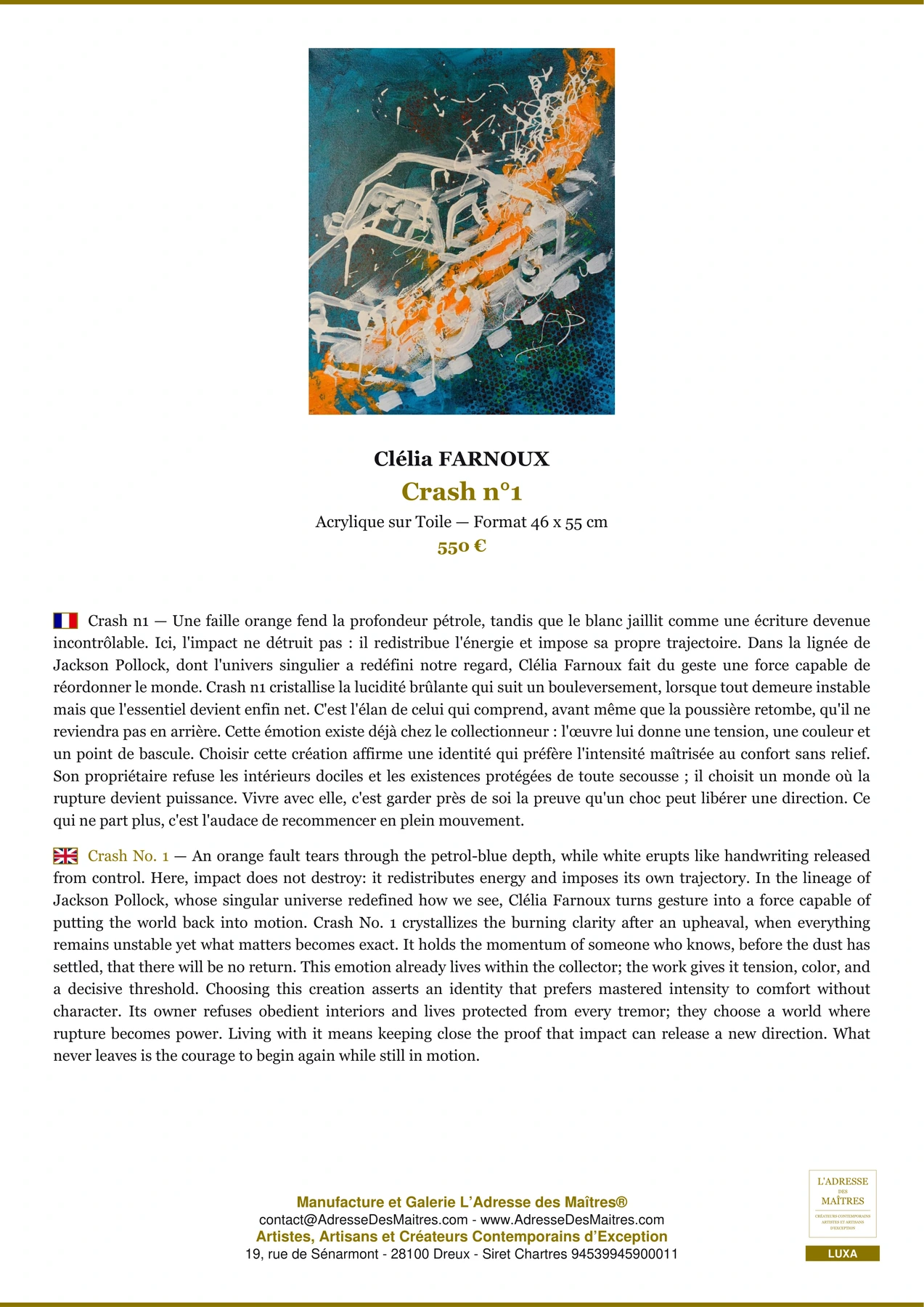 Fiche Premium - Crash n°1 - Clélia FARNOUX - L'Adresse des Maîtres®