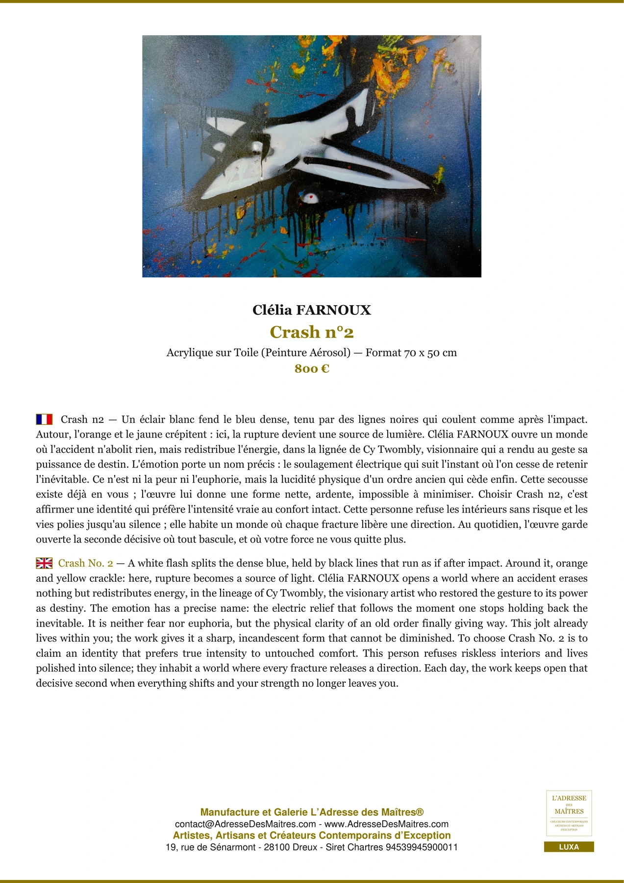 Fiche Premium - Crash n°2 - Clélia FARNOUX - L'Adresse des Maîtres®