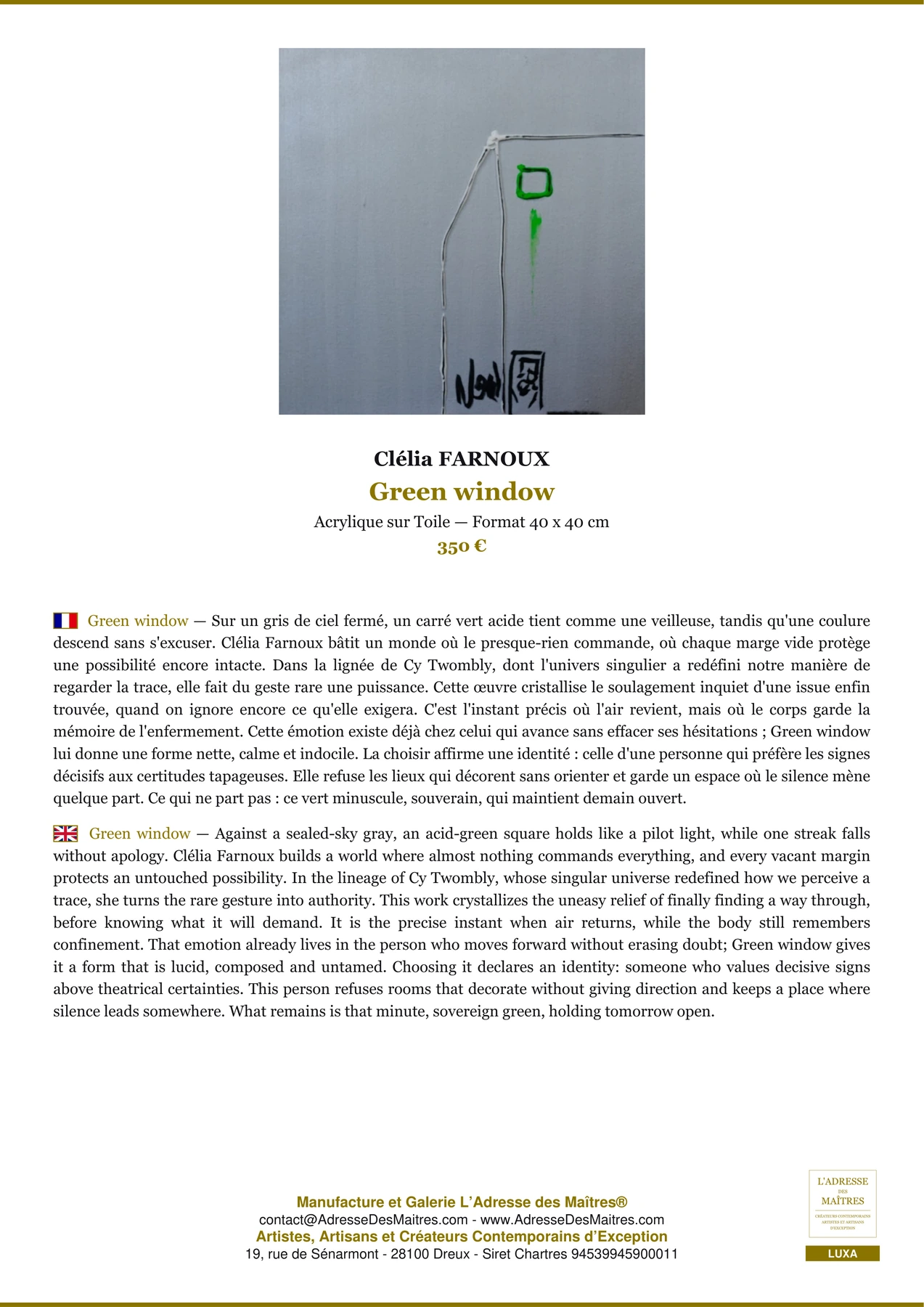 Fiche Premium - Green window - Clélia FARNOUX - L'Adresse des Maîtres®