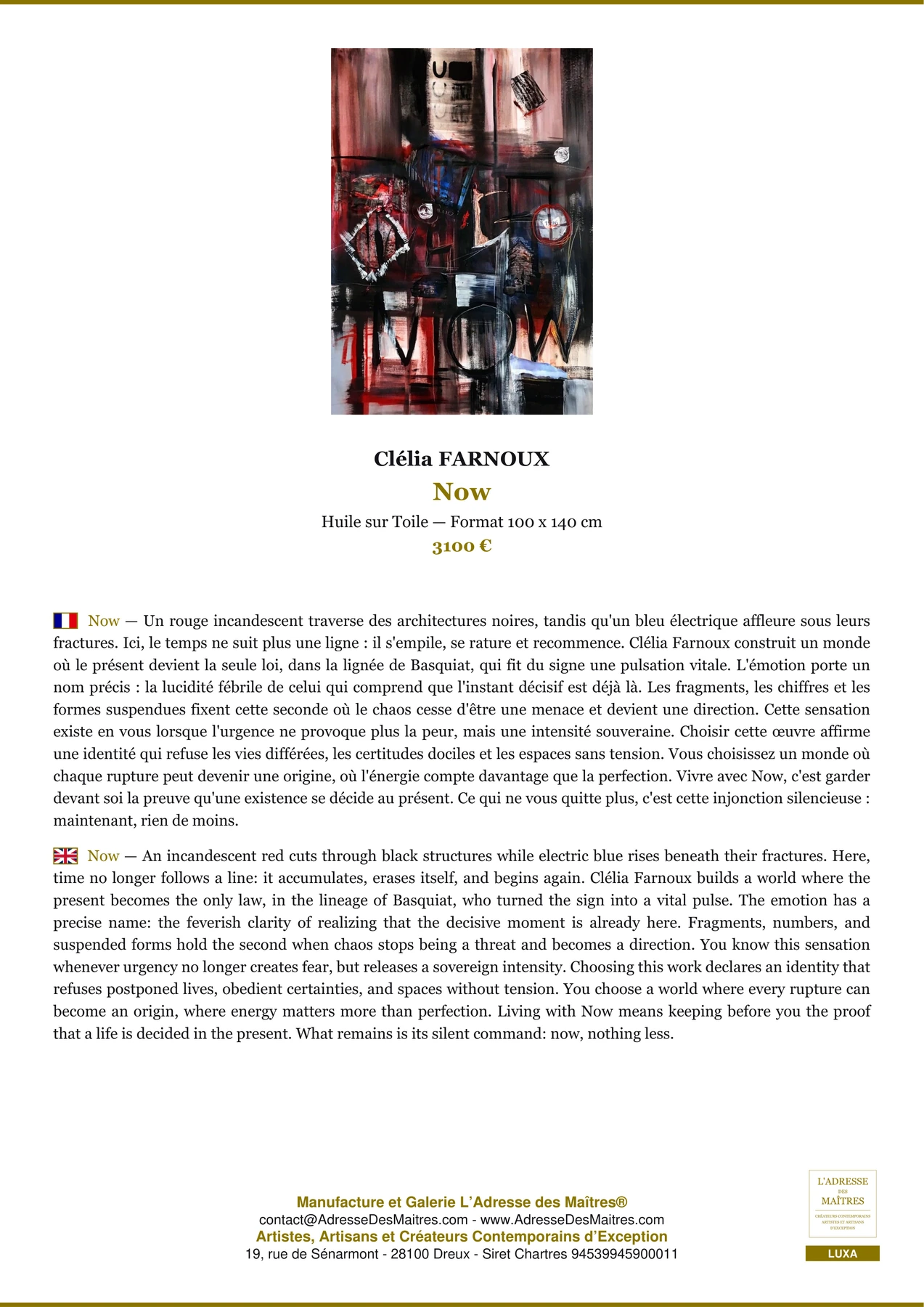 Fiche Premium - Now - Clélia FARNOUX - L'Adresse des Maîtres®