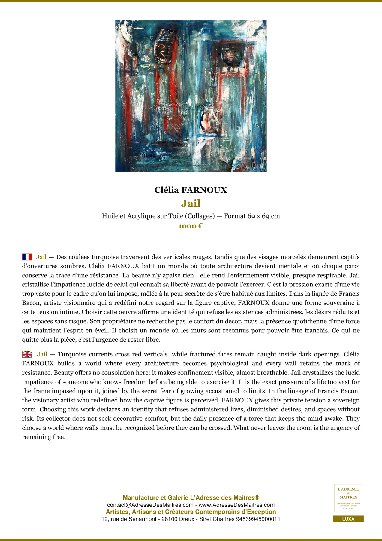 Fiche Premium - Jail - Clélia FARNOUX - L'Adresse des Maîtres®