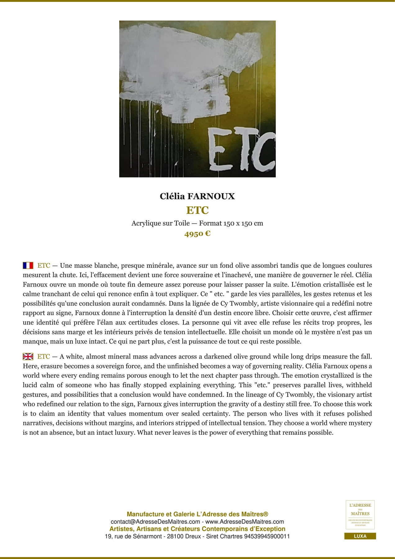 Fiche Premium - ETC - Clélia FARNOUX - L'Adresse des Maîtres®